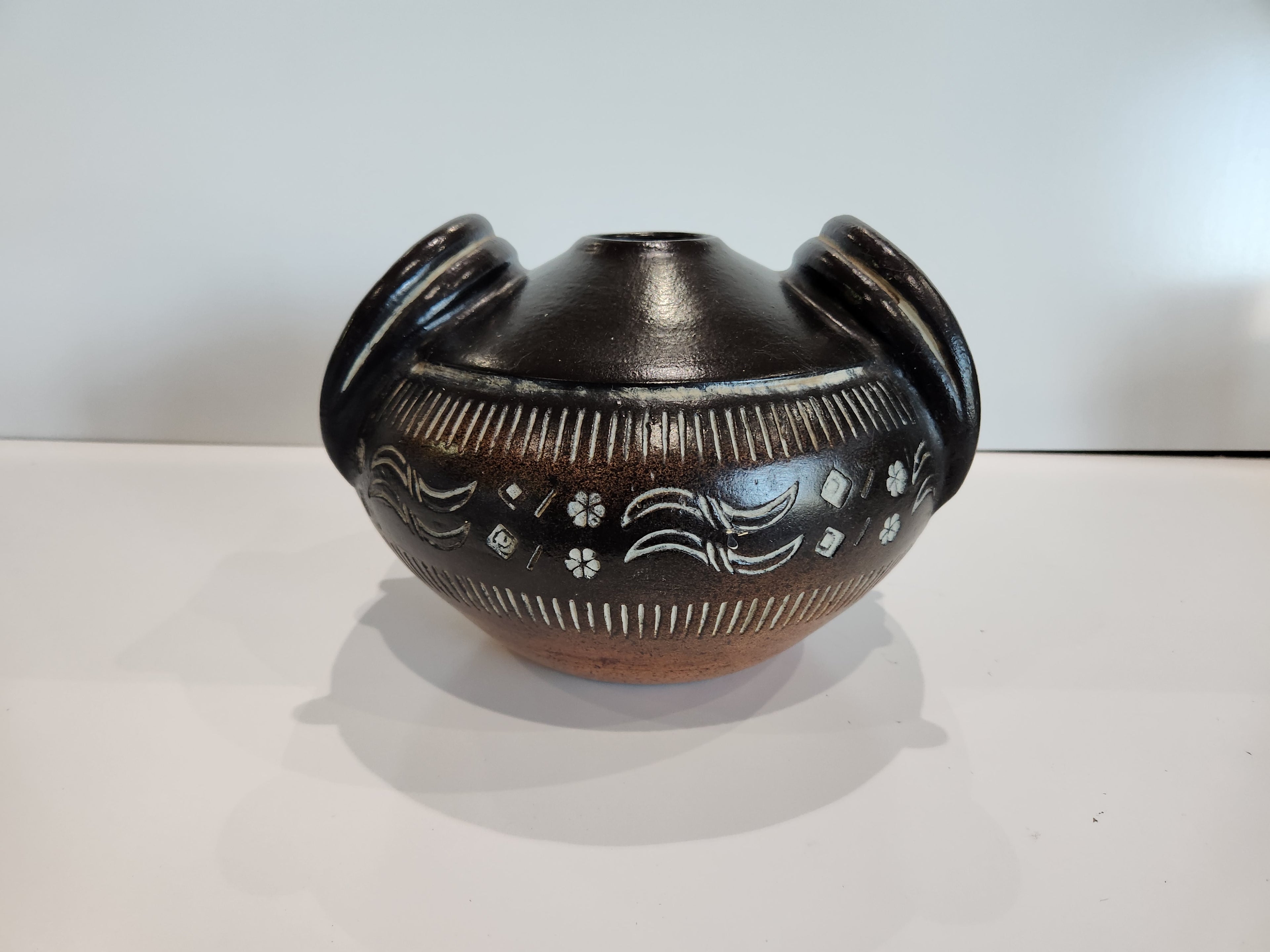 Clay Native American Vessel With Bison Horn Shaped Handles Ceramic Carved VASE