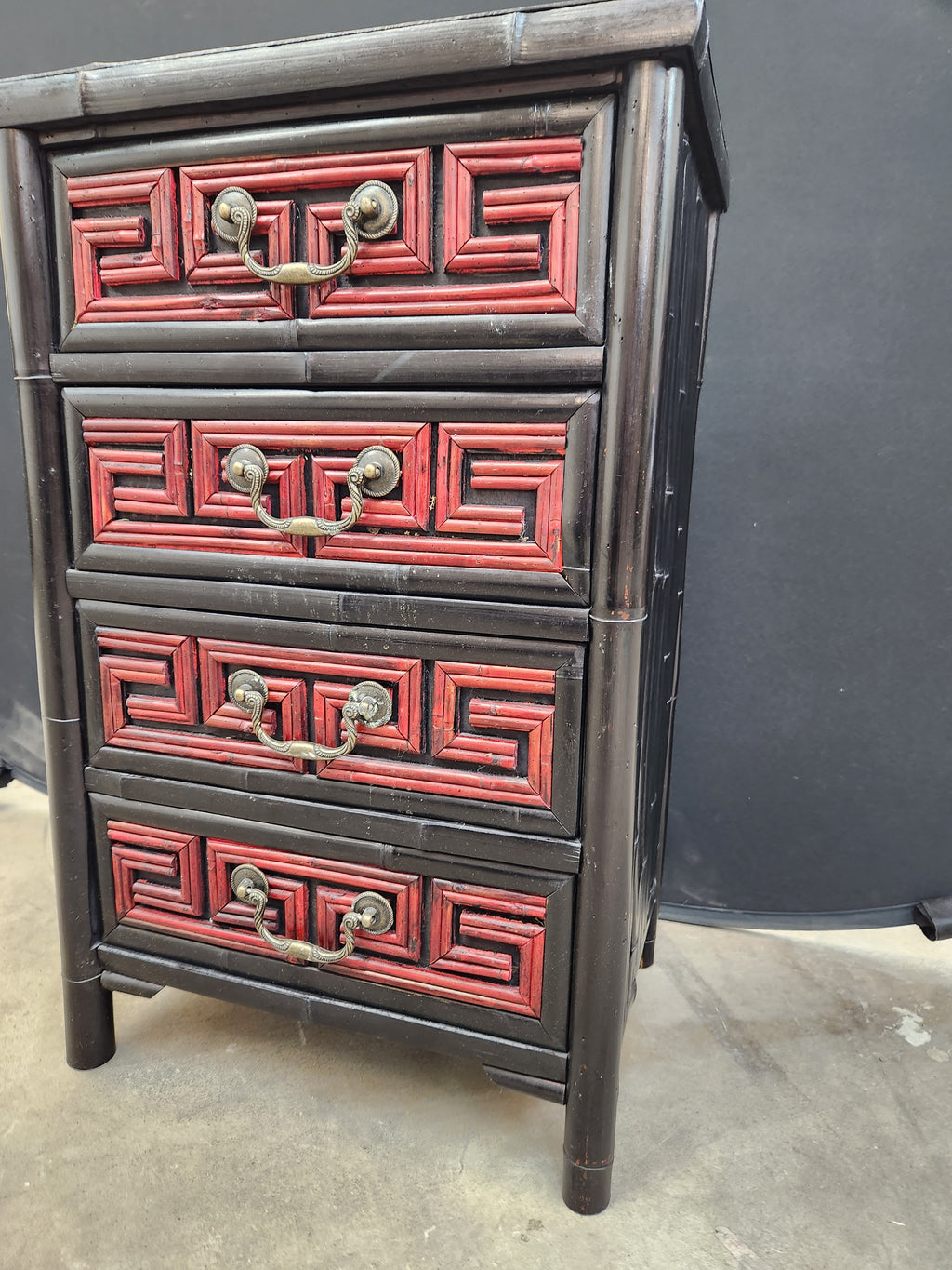 Title: Asian Style Four Drawer Accent Chest With Red Carved Drawer Fronts