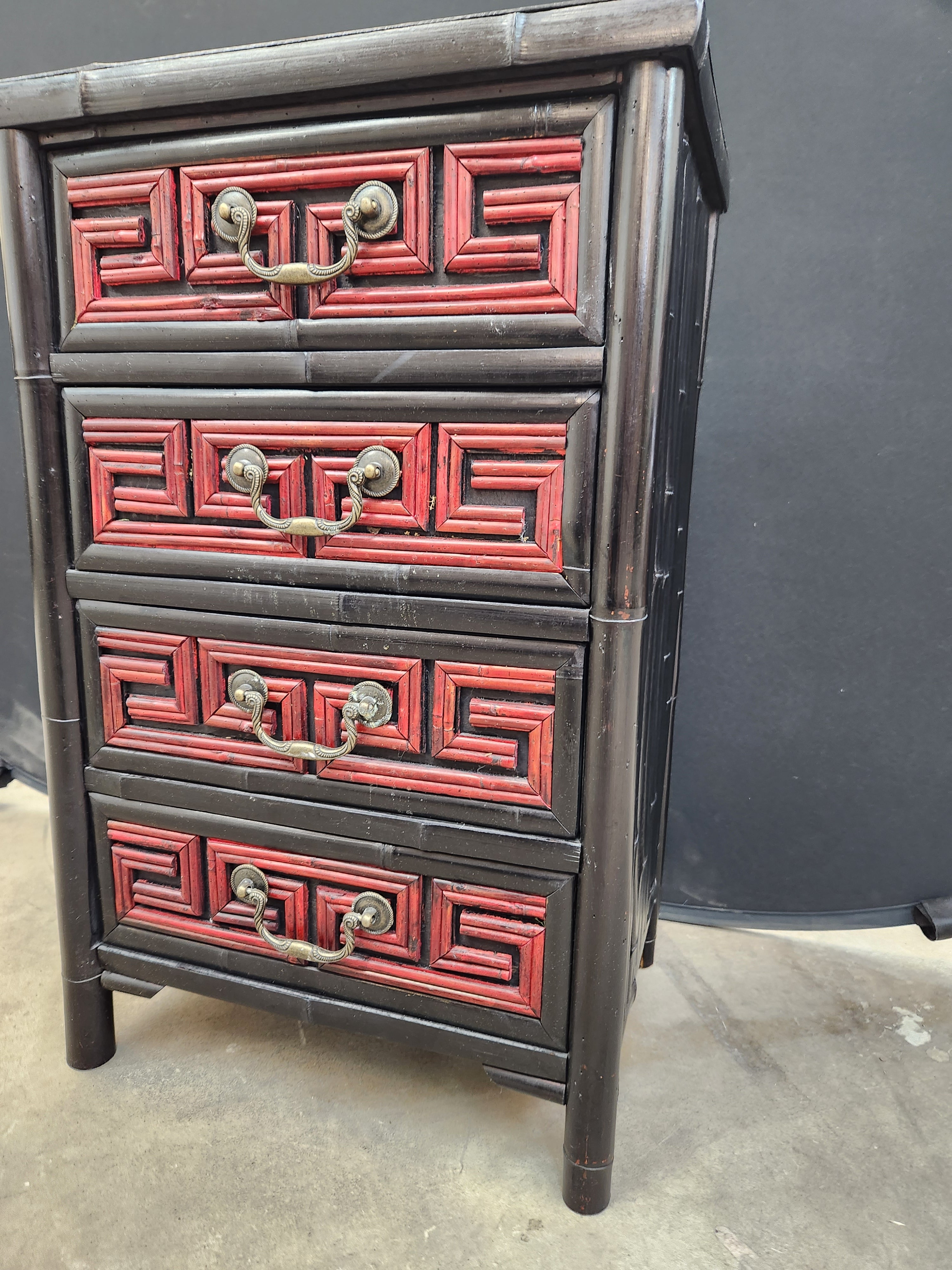 Title: Asian Style Four Drawer Accent Chest With Red Carved Drawer Fronts