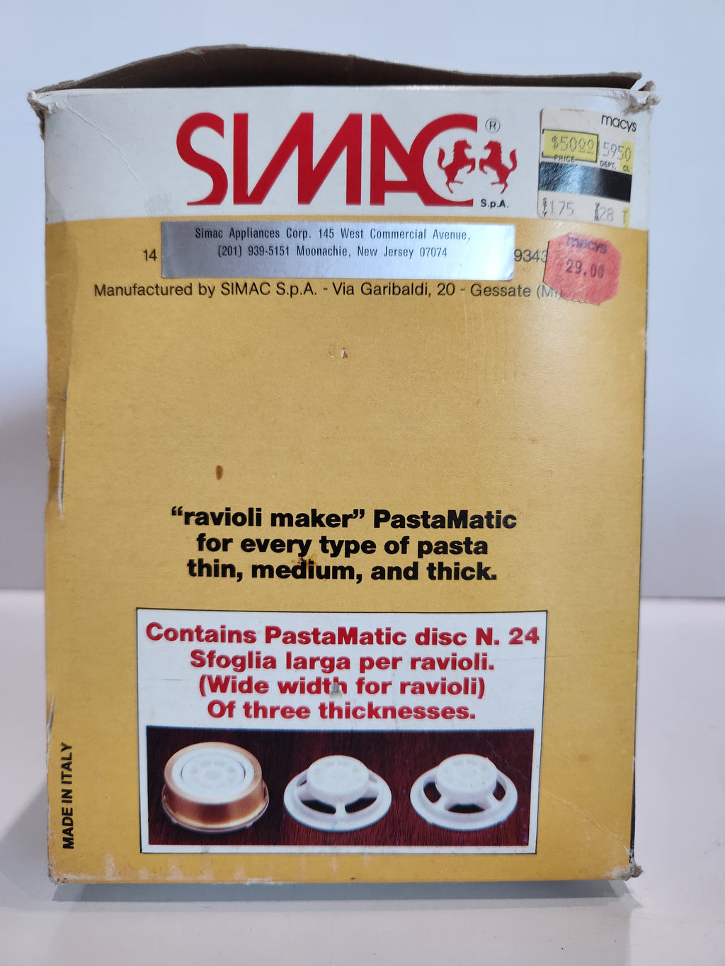 Vintage SIMAC PastaMatic Ravioli Maker Attachment Wide Width Disc Model 24 Italy
