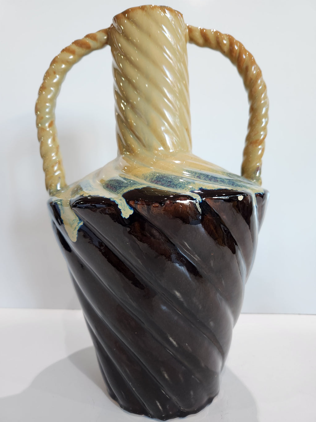 Vintage Drip Glaze Pottery Vase Dual Handle Brown Cream Studio Art Vase