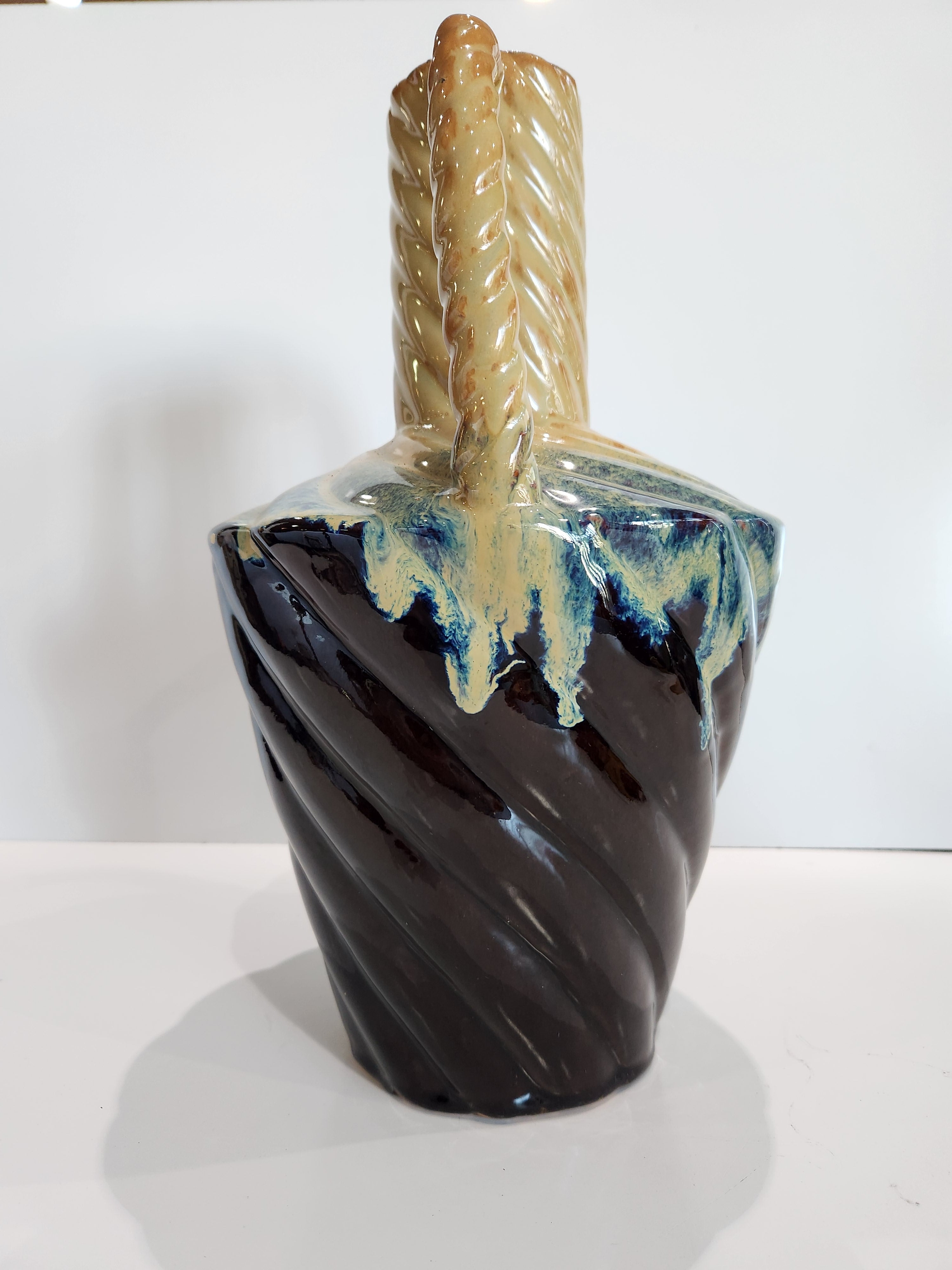 Vintage Drip Glaze Pottery Vase Dual Handle Brown Cream Studio Art Vase