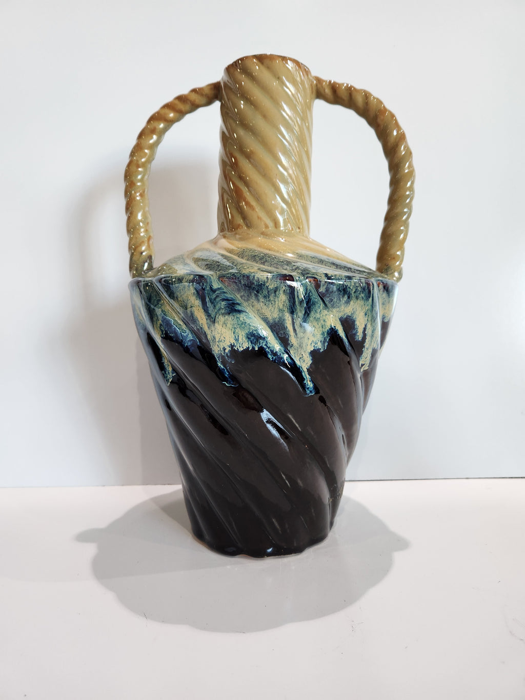 Vintage Drip Glaze Pottery Vase Dual Handle Brown Cream Studio Art Vase