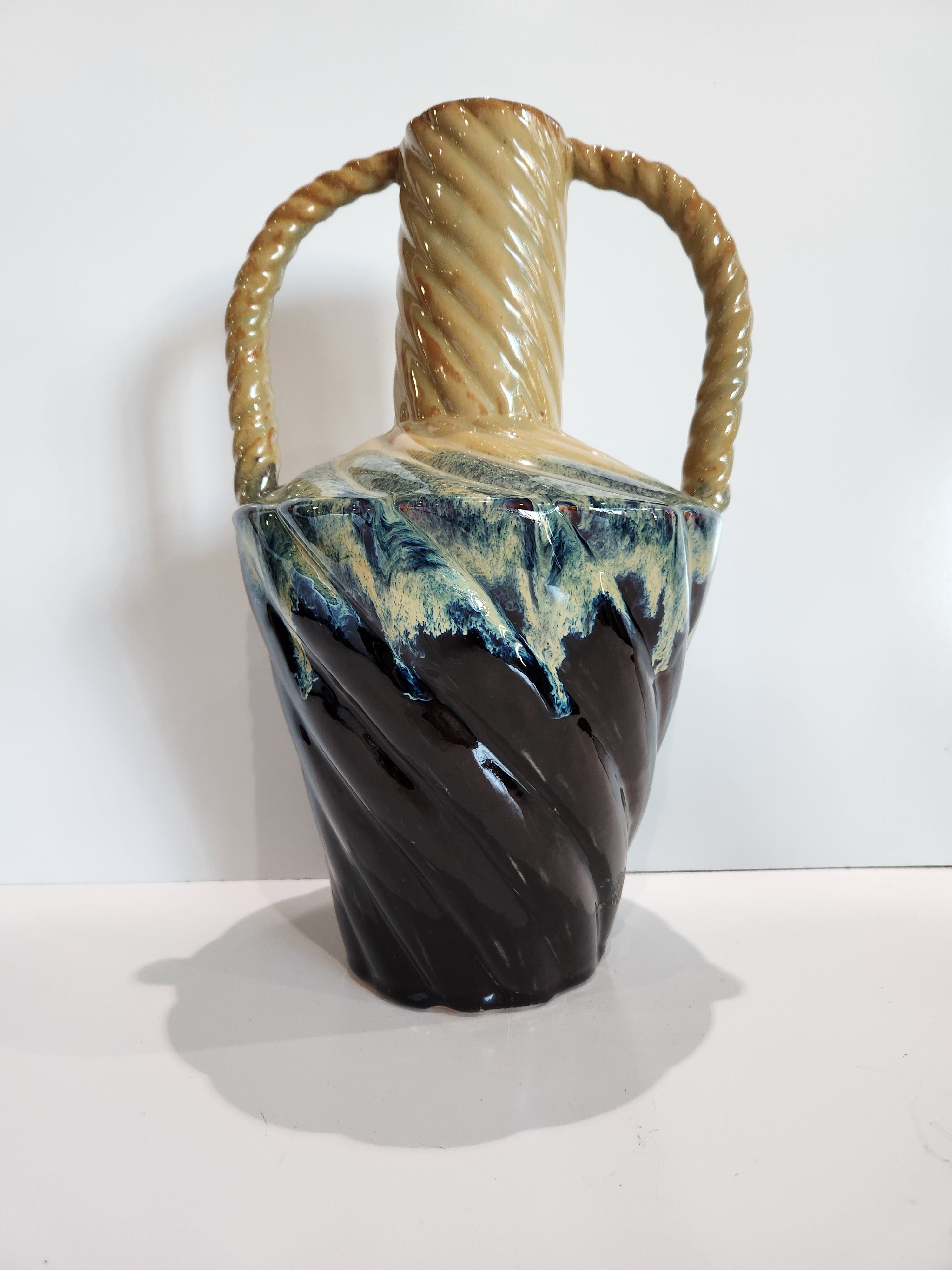 Vintage Drip Glaze Pottery Vase Dual Handle Brown Cream Studio Art Vase