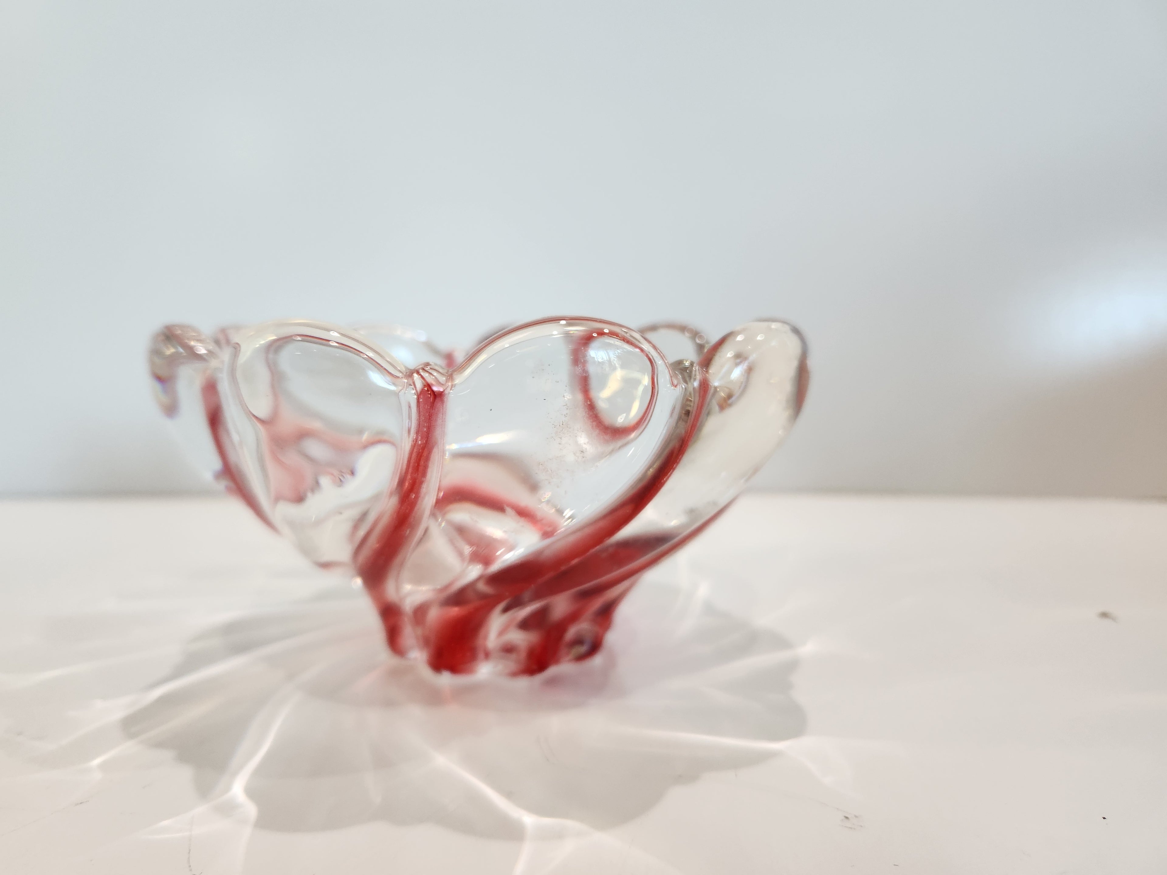 Vintage Murano Style Art Glass Red Swirl Decorative Bowl Hand Blown Dish