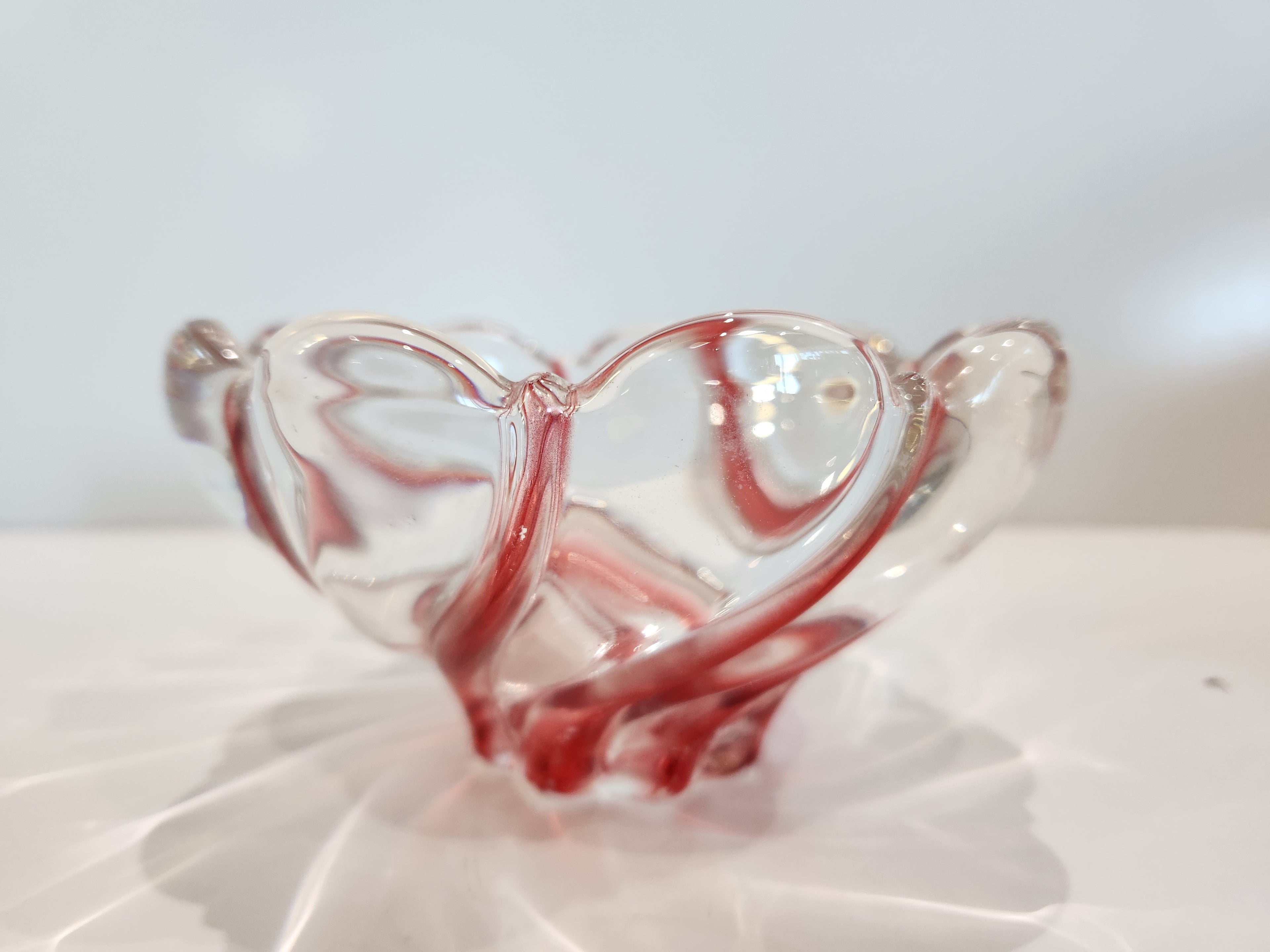 Vintage Murano Style Art Glass Red Swirl Decorative Bowl Hand Blown Dish