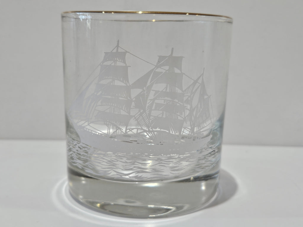 Vintage Set Of 6 Nautical Tall Ship Etched Gold Rim Rocks Whiskey Glasses