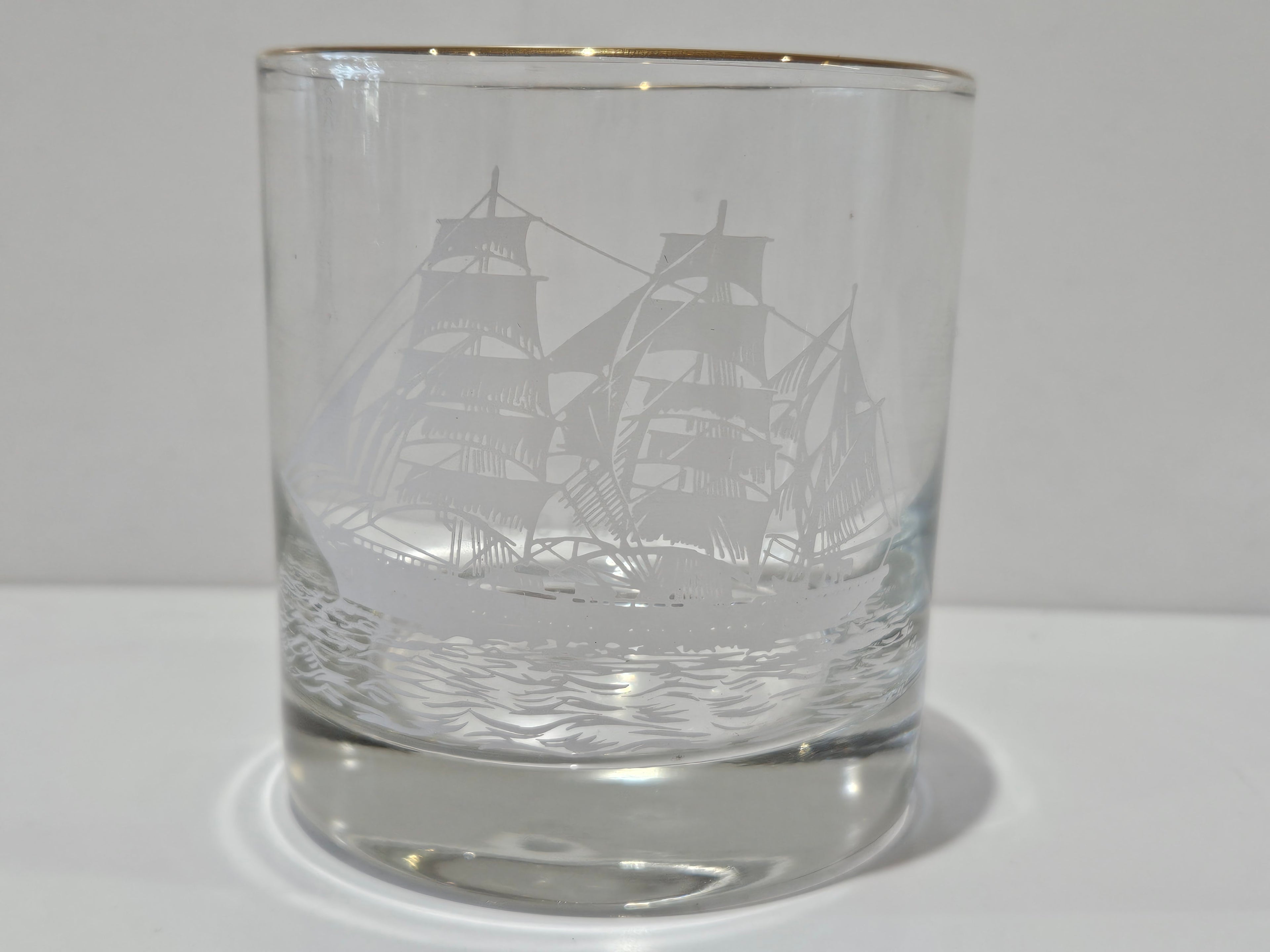 Vintage Set Of 6 Nautical Tall Ship Etched Gold Rim Rocks Whiskey Glasses