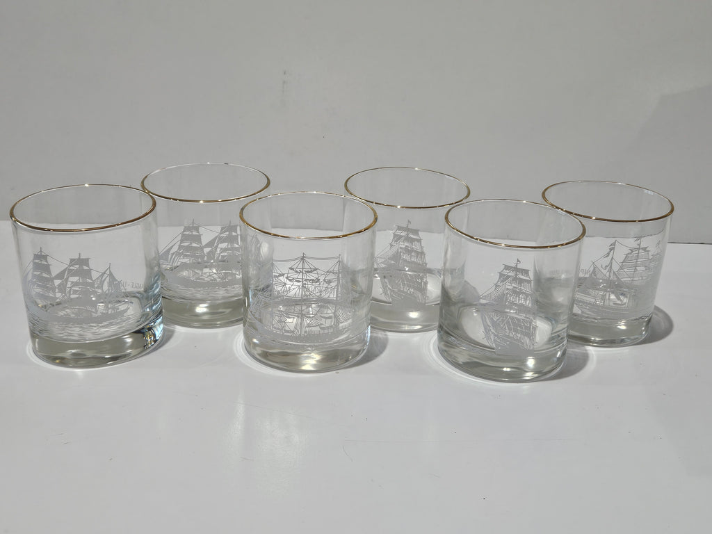 Vintage Set Of 6 Nautical Tall Ship Etched Gold Rim Rocks Whiskey Glasses