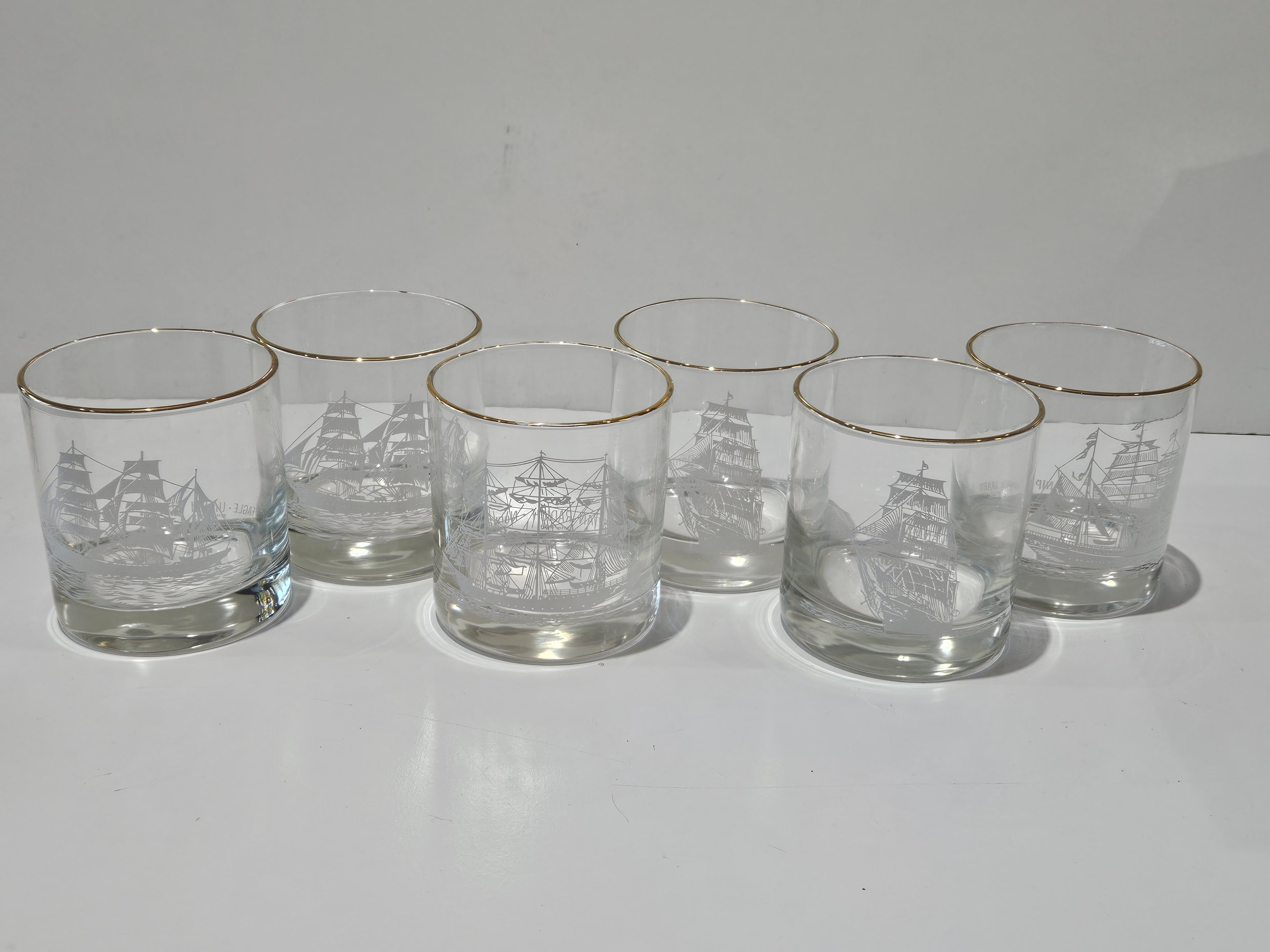 Vintage Set Of 6 Nautical Tall Ship Etched Gold Rim Rocks Whiskey Glasses