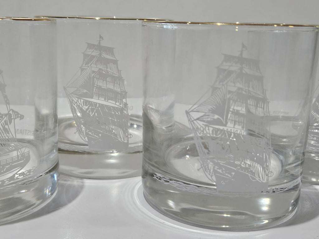 Vintage Set Of 6 Nautical Tall Ship Etched Gold Rim Rocks Whiskey Glasses