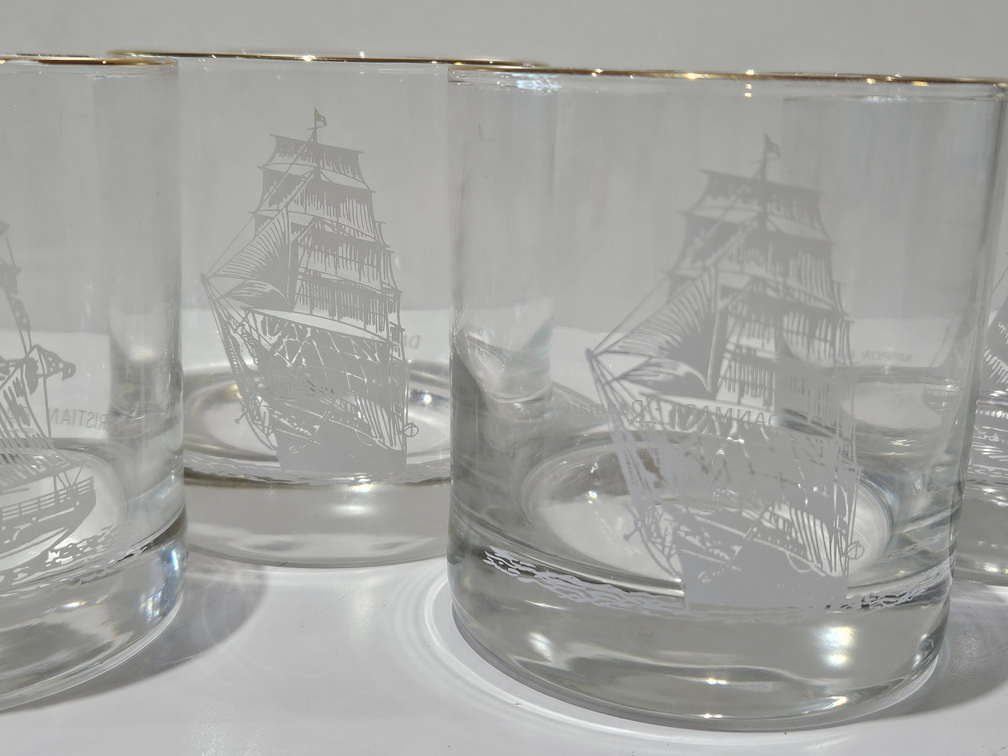 Vintage Set Of 6 Nautical Tall Ship Etched Gold Rim Rocks Whiskey Glasses