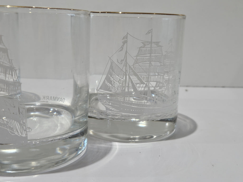 Vintage Set Of 6 Nautical Tall Ship Etched Gold Rim Rocks Whiskey Glasses