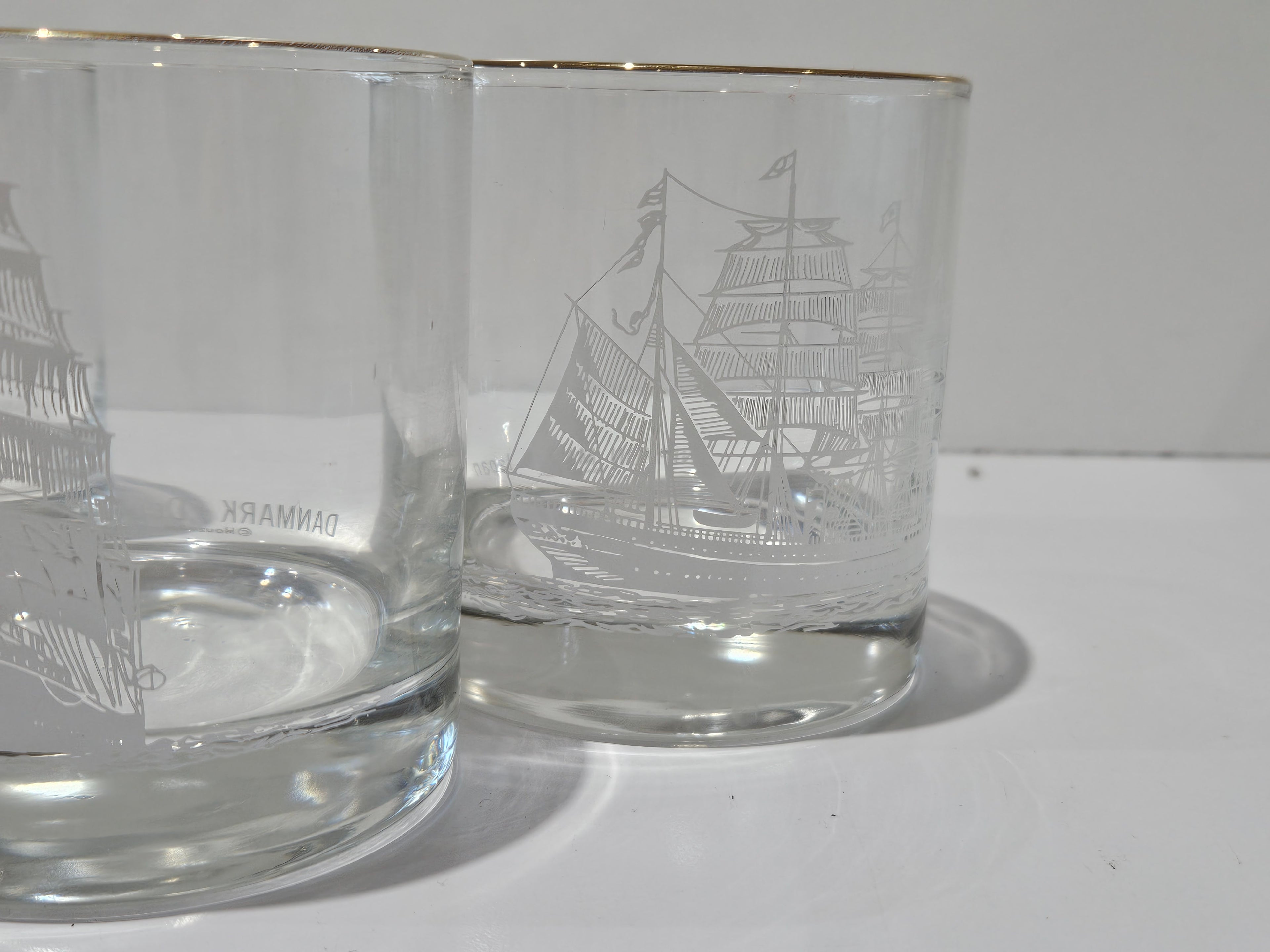 Vintage Set Of 6 Nautical Tall Ship Etched Gold Rim Rocks Whiskey Glasses