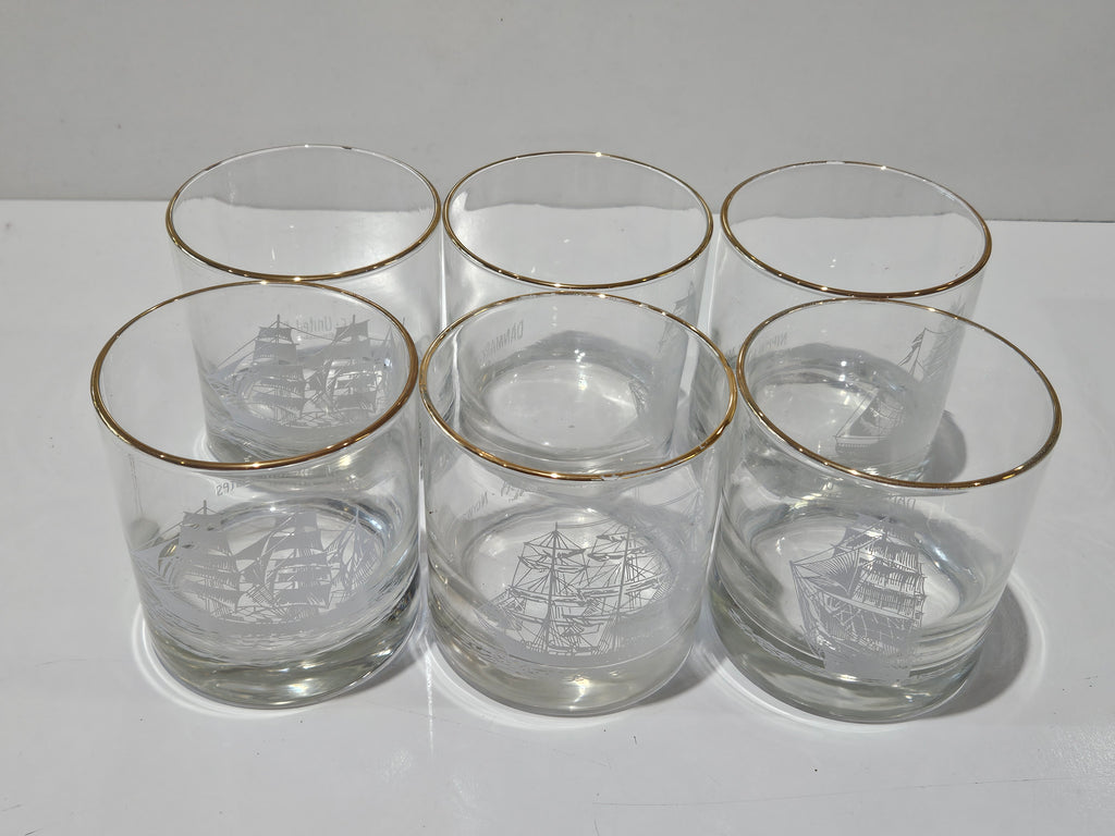 Vintage Set Of 6 Nautical Tall Ship Etched Gold Rim Rocks Whiskey Glasses