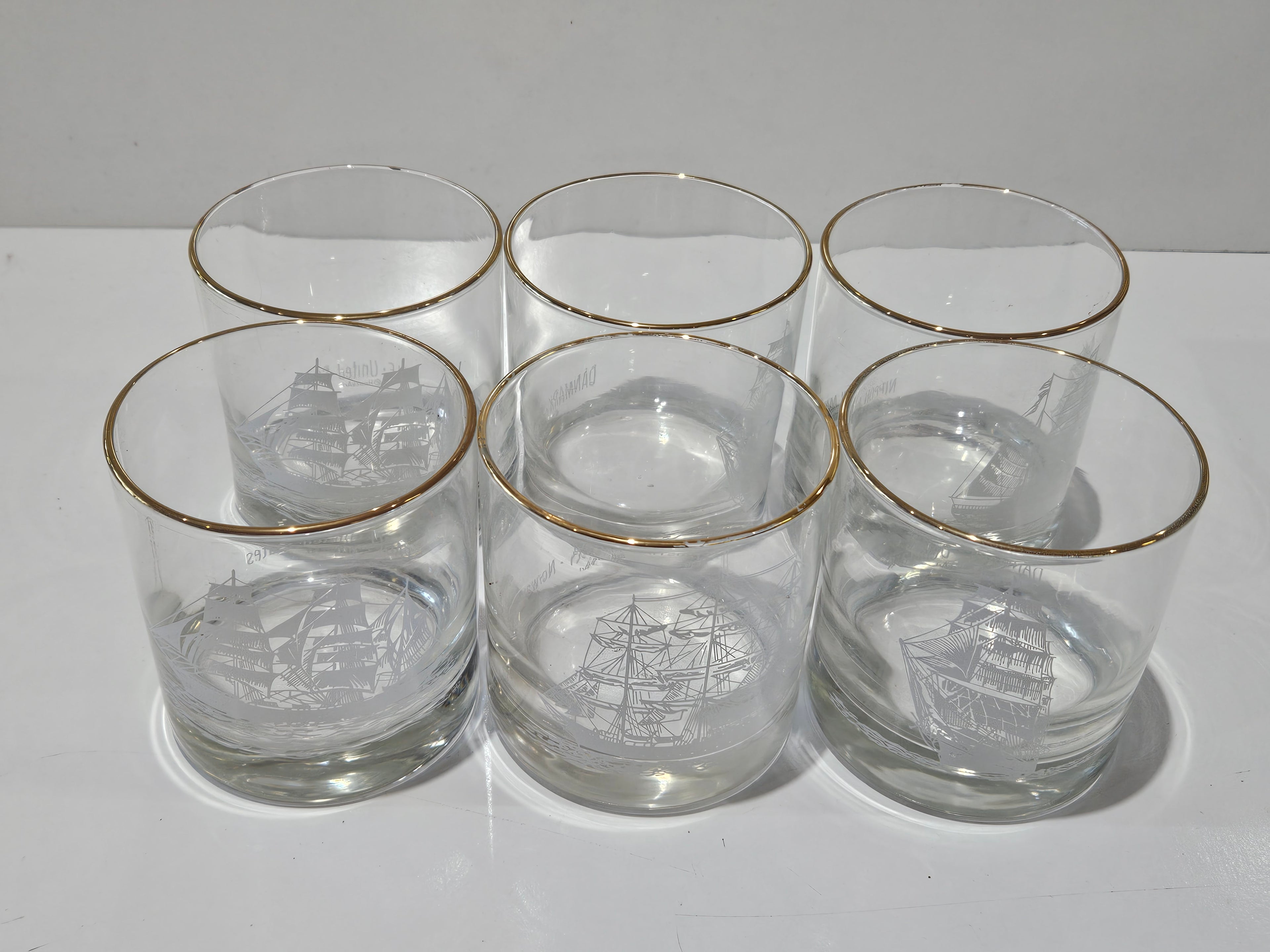 Vintage Set Of 6 Nautical Tall Ship Etched Gold Rim Rocks Whiskey Glasses