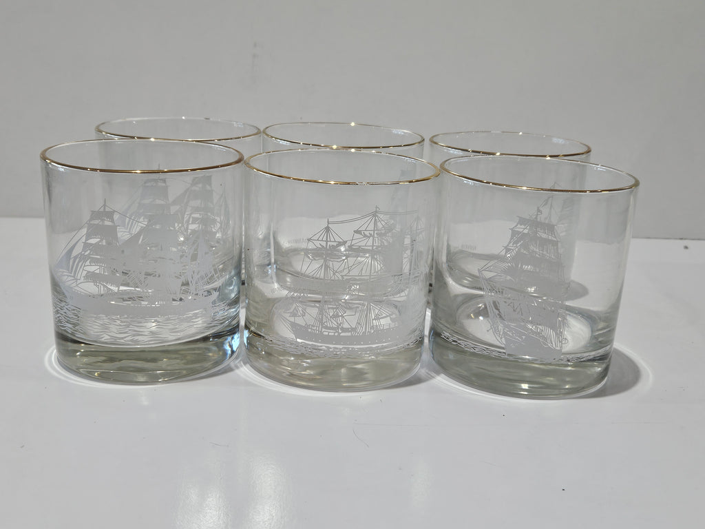 Vintage Set Of 6 Nautical Tall Ship Etched Gold Rim Rocks Whiskey Glasses
