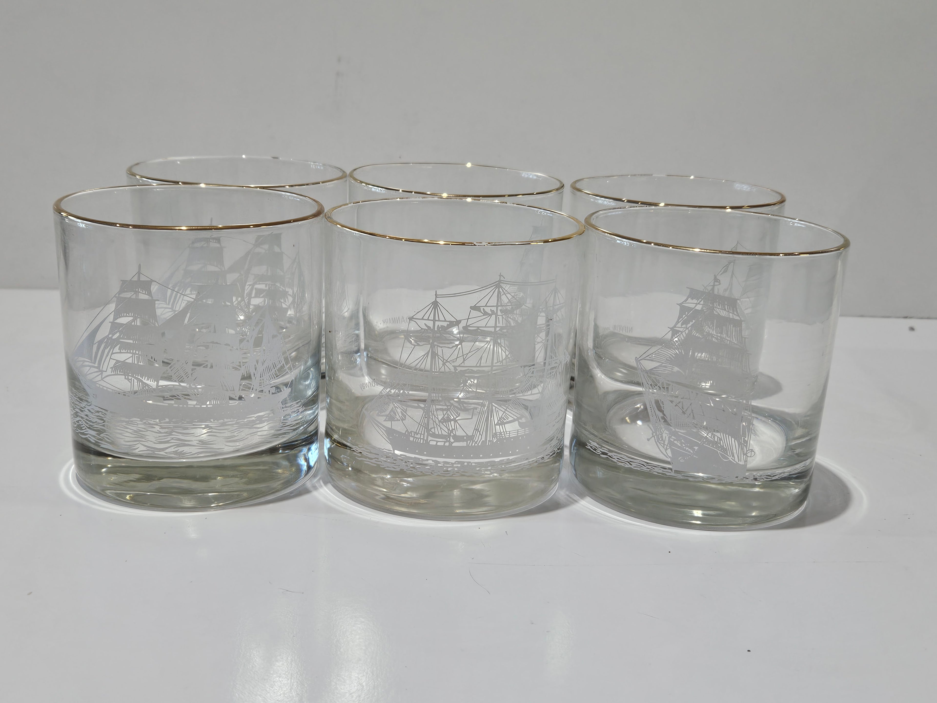 Vintage Set Of 6 Nautical Tall Ship Etched Gold Rim Rocks Whiskey Glasses
