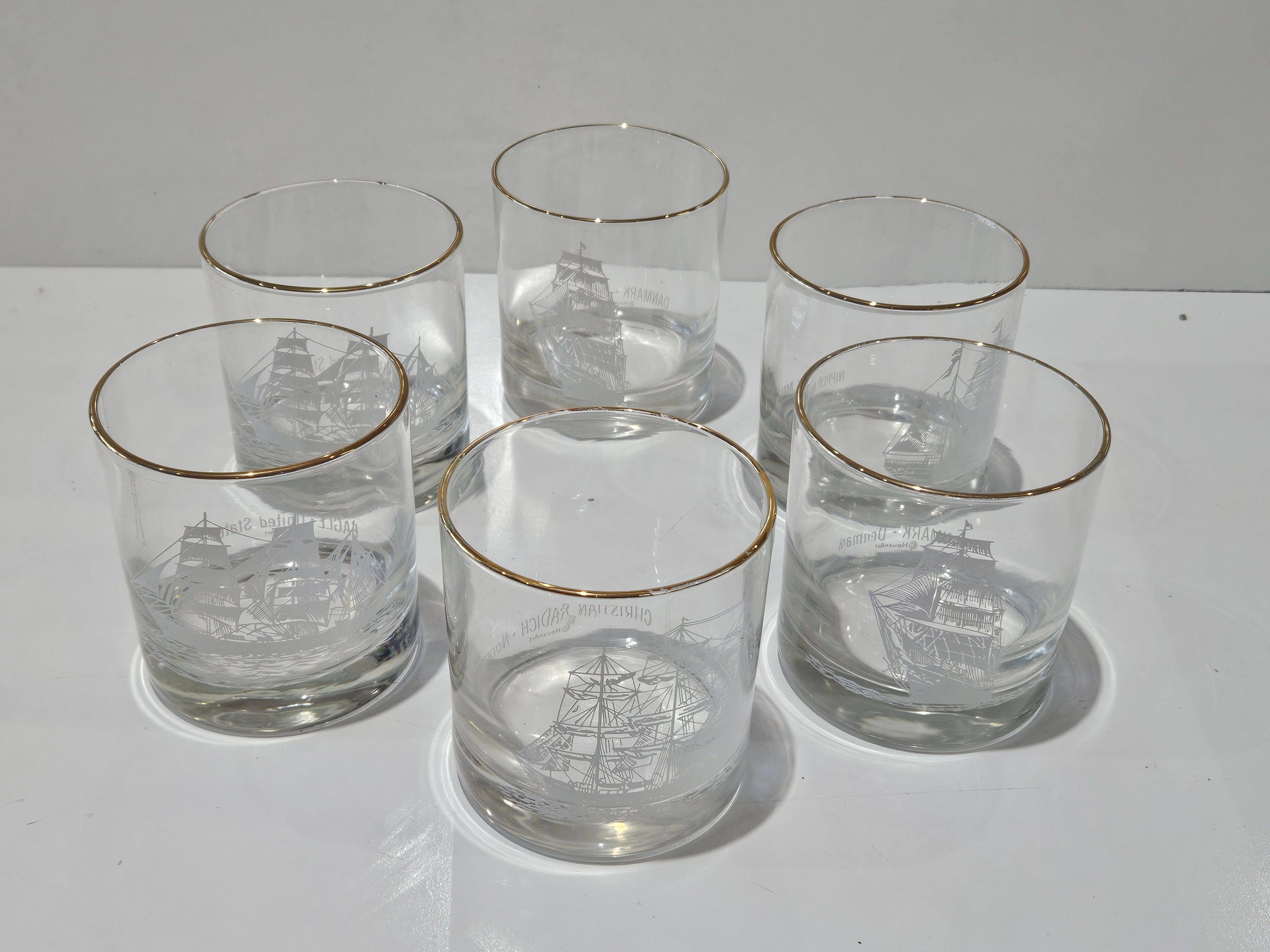 Vintage Set Of 6 Nautical Tall Ship Etched Gold Rim Rocks Whiskey Glasses