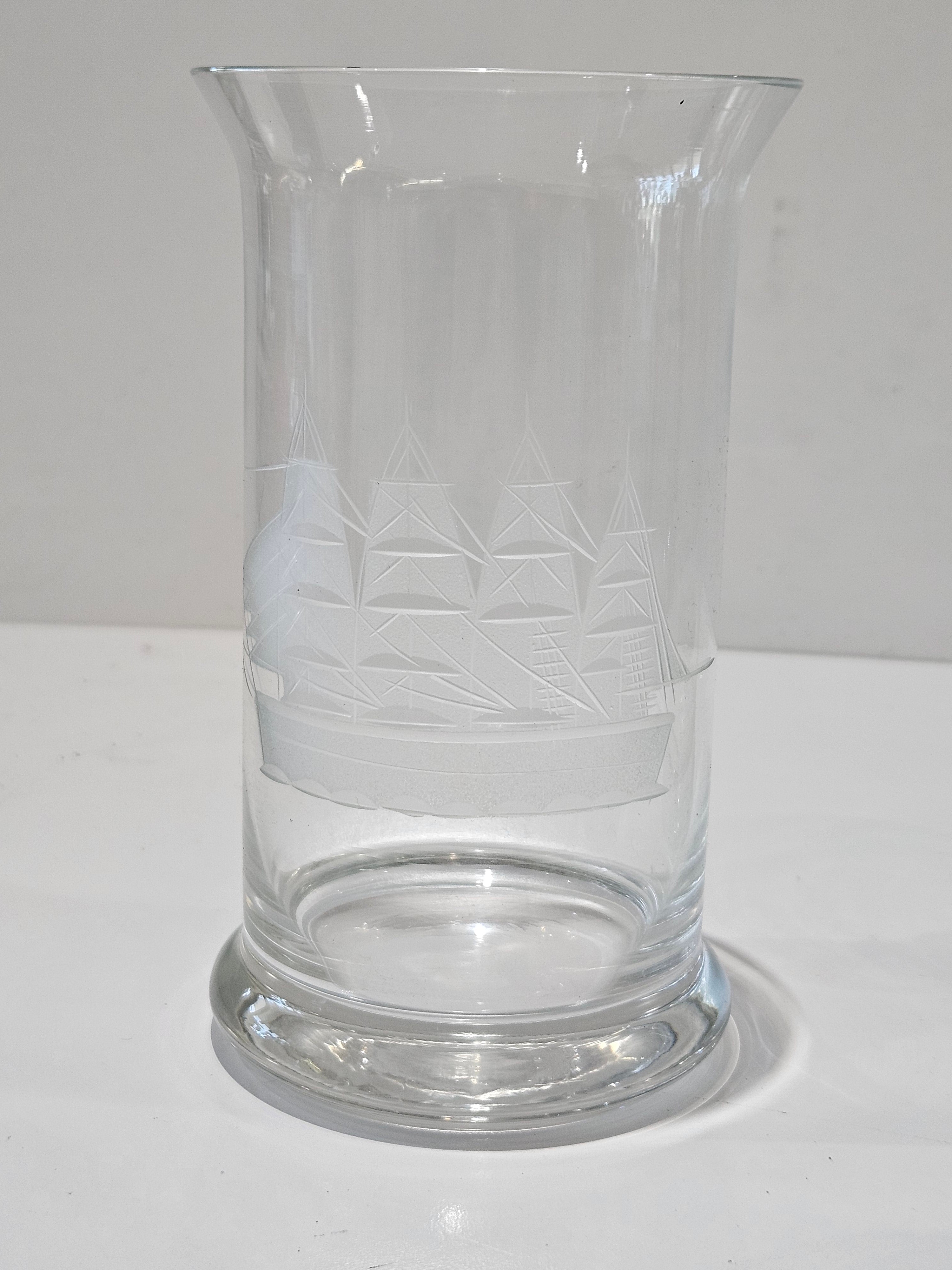 Vintage Set Of 6 Etched Tall Ship Highball Glasses Nautical Barware Tumblers