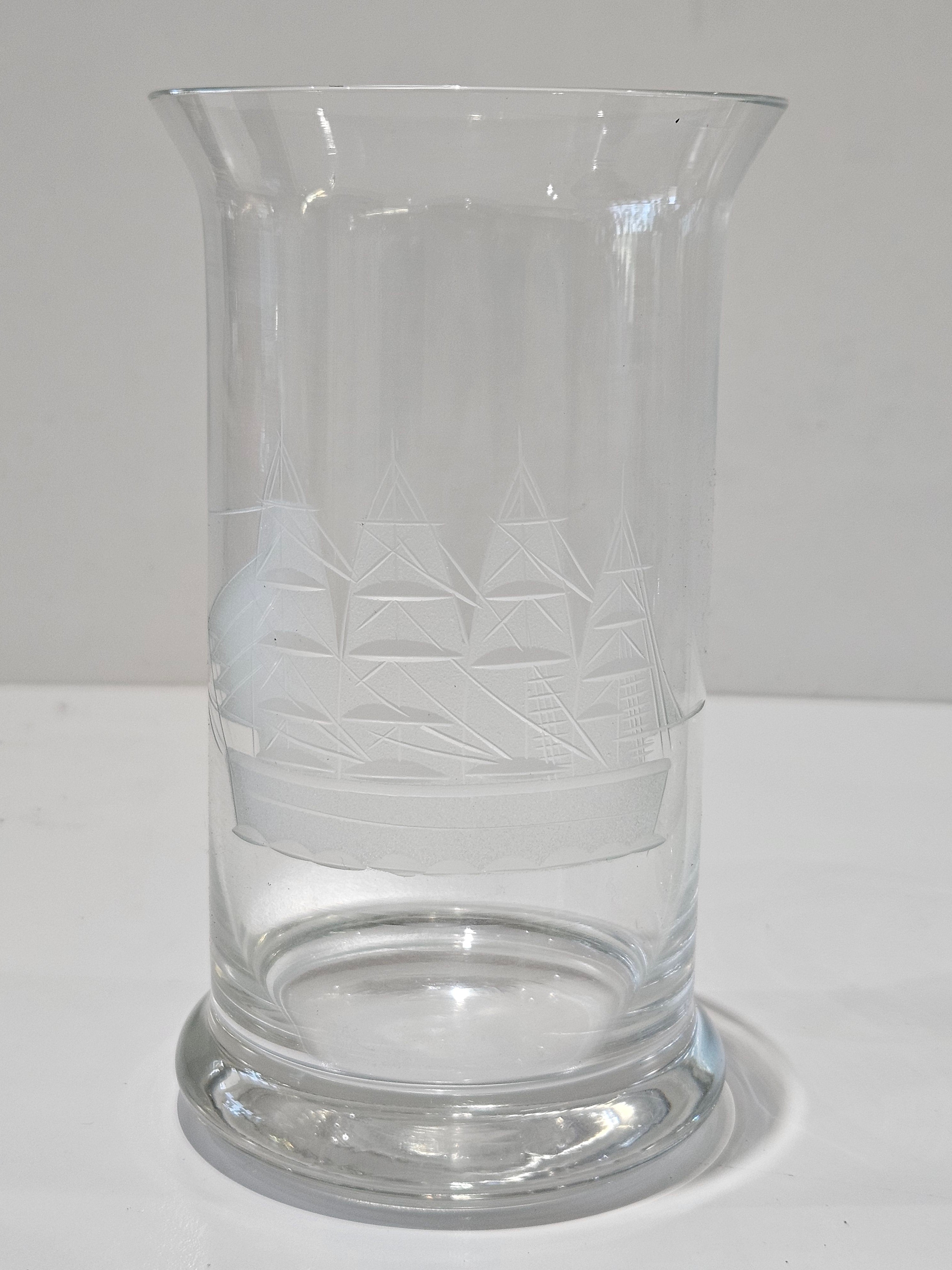 Vintage Set Of 6 Etched Tall Ship Highball Glasses Nautical Barware Tumblers