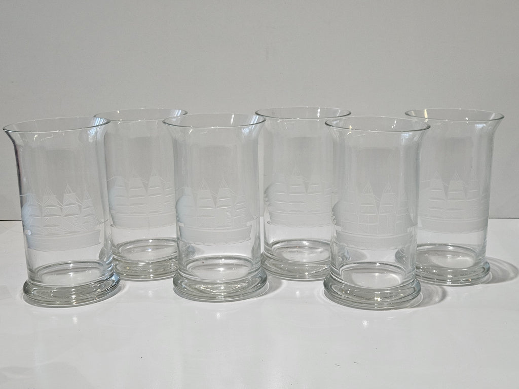 Vintage Set Of 6 Etched Tall Ship Highball Glasses Nautical Barware Tumblers