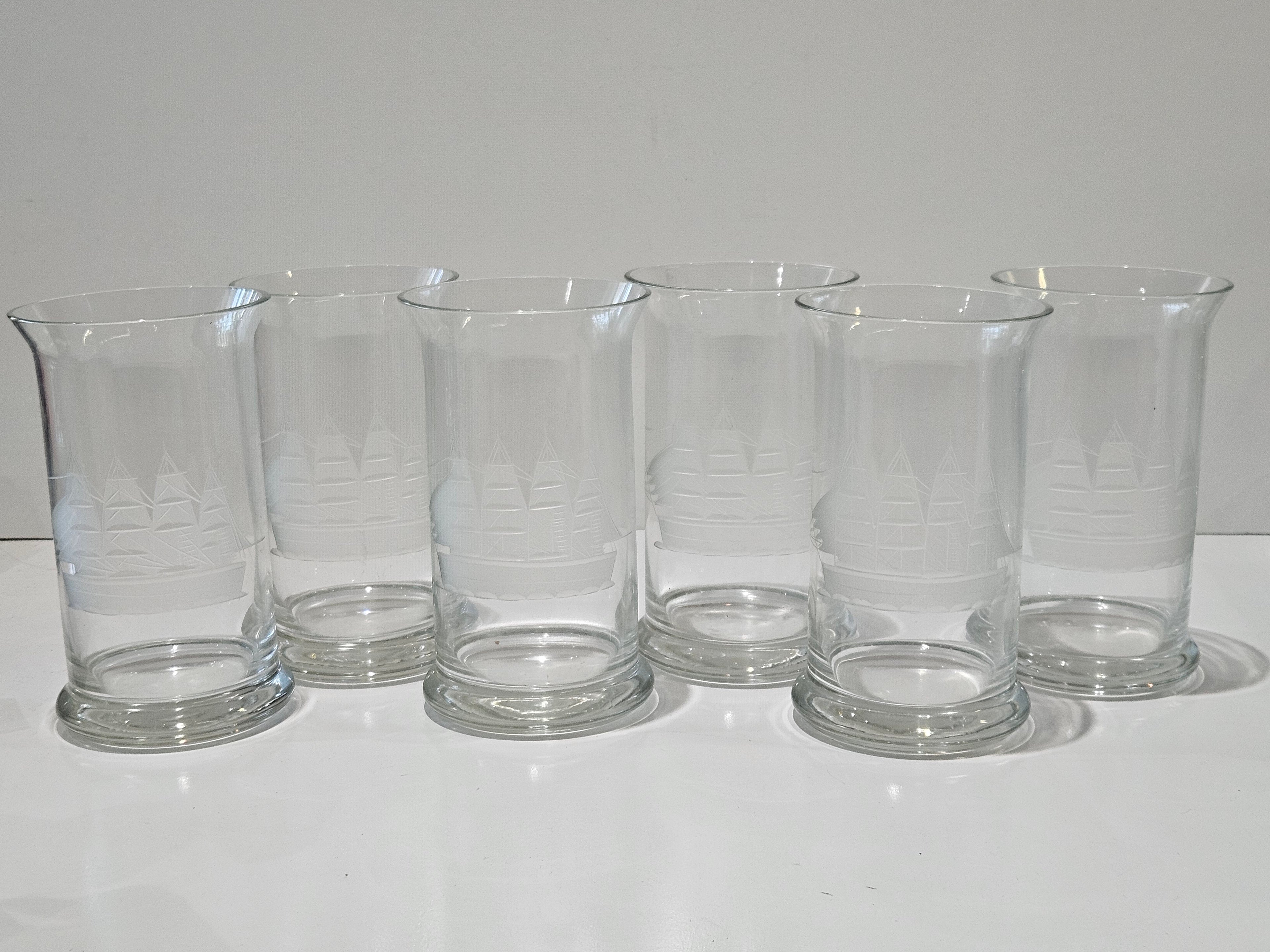 Vintage Set Of 6 Etched Tall Ship Highball Glasses Nautical Barware Tumblers