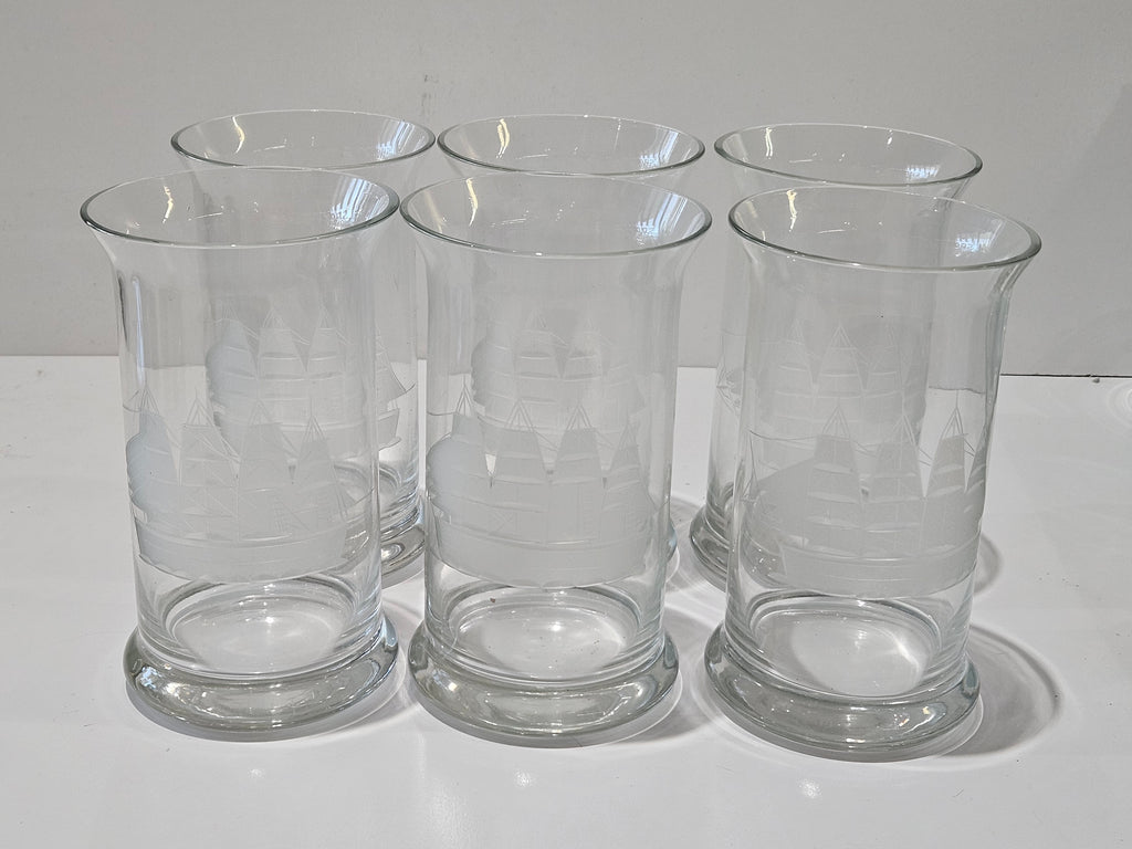 Vintage Set Of 6 Etched Tall Ship Highball Glasses Nautical Barware Tumblers