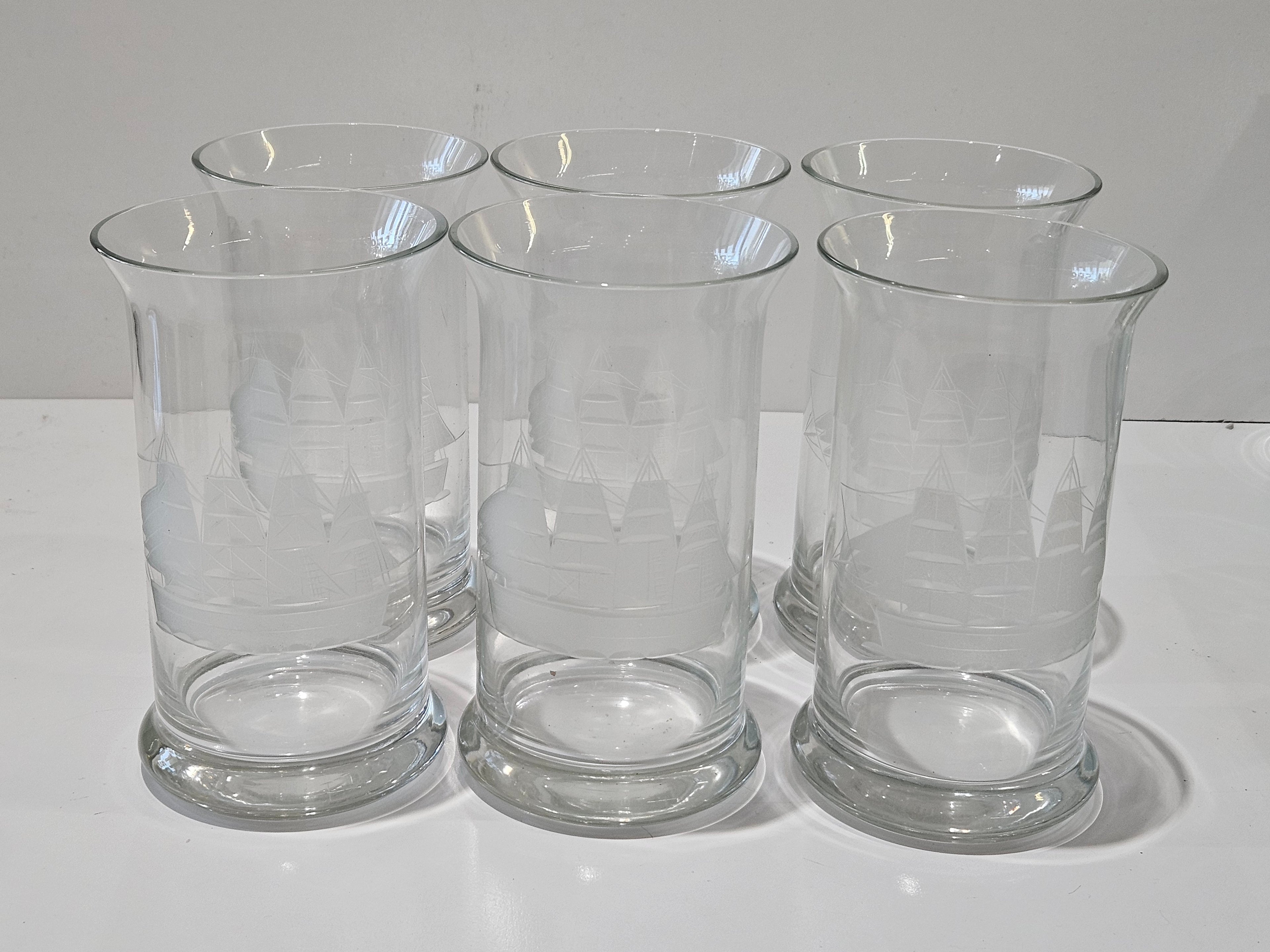 Vintage Set Of 6 Etched Tall Ship Highball Glasses Nautical Barware Tumblers