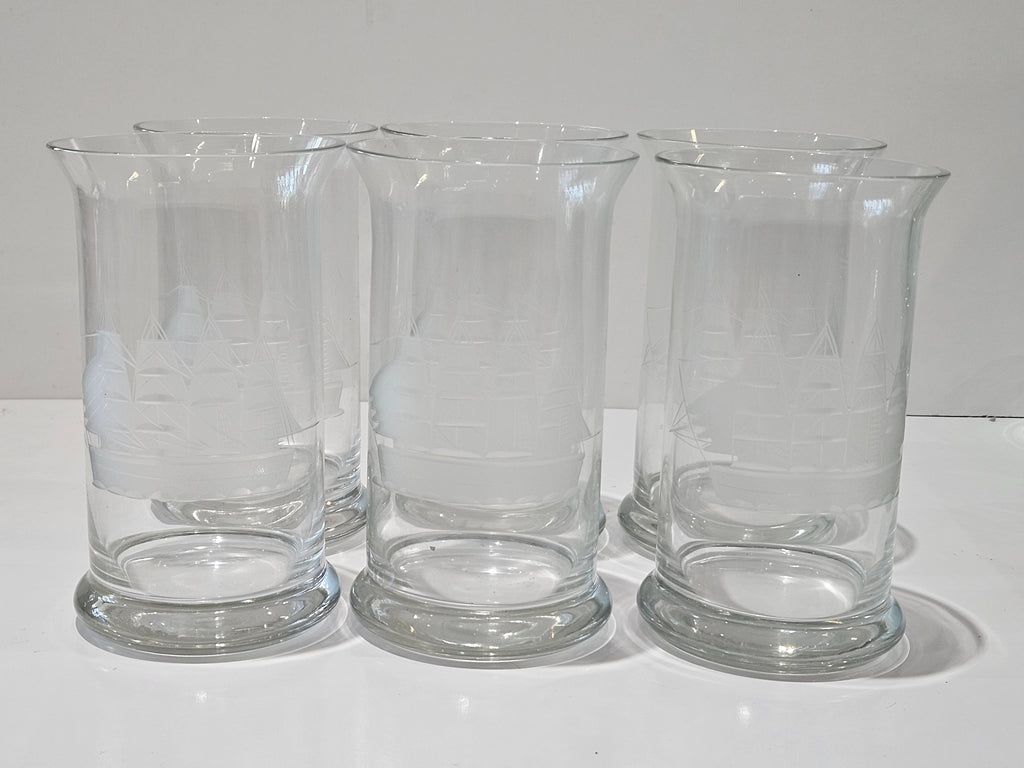 Vintage Set Of 6 Etched Tall Ship Highball Glasses Nautical Barware Tumblers