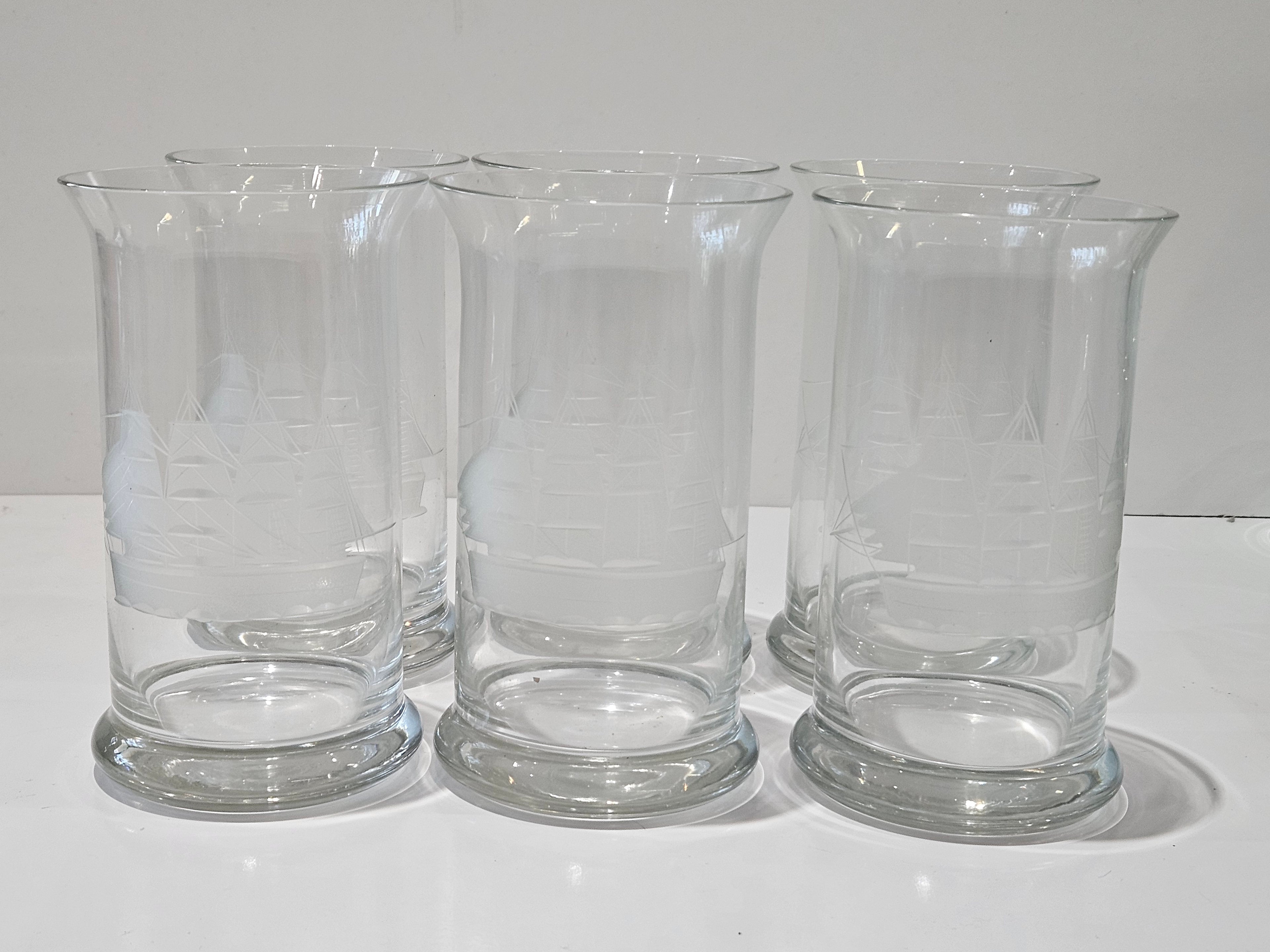 Vintage Set Of 6 Etched Tall Ship Highball Glasses Nautical Barware Tumblers