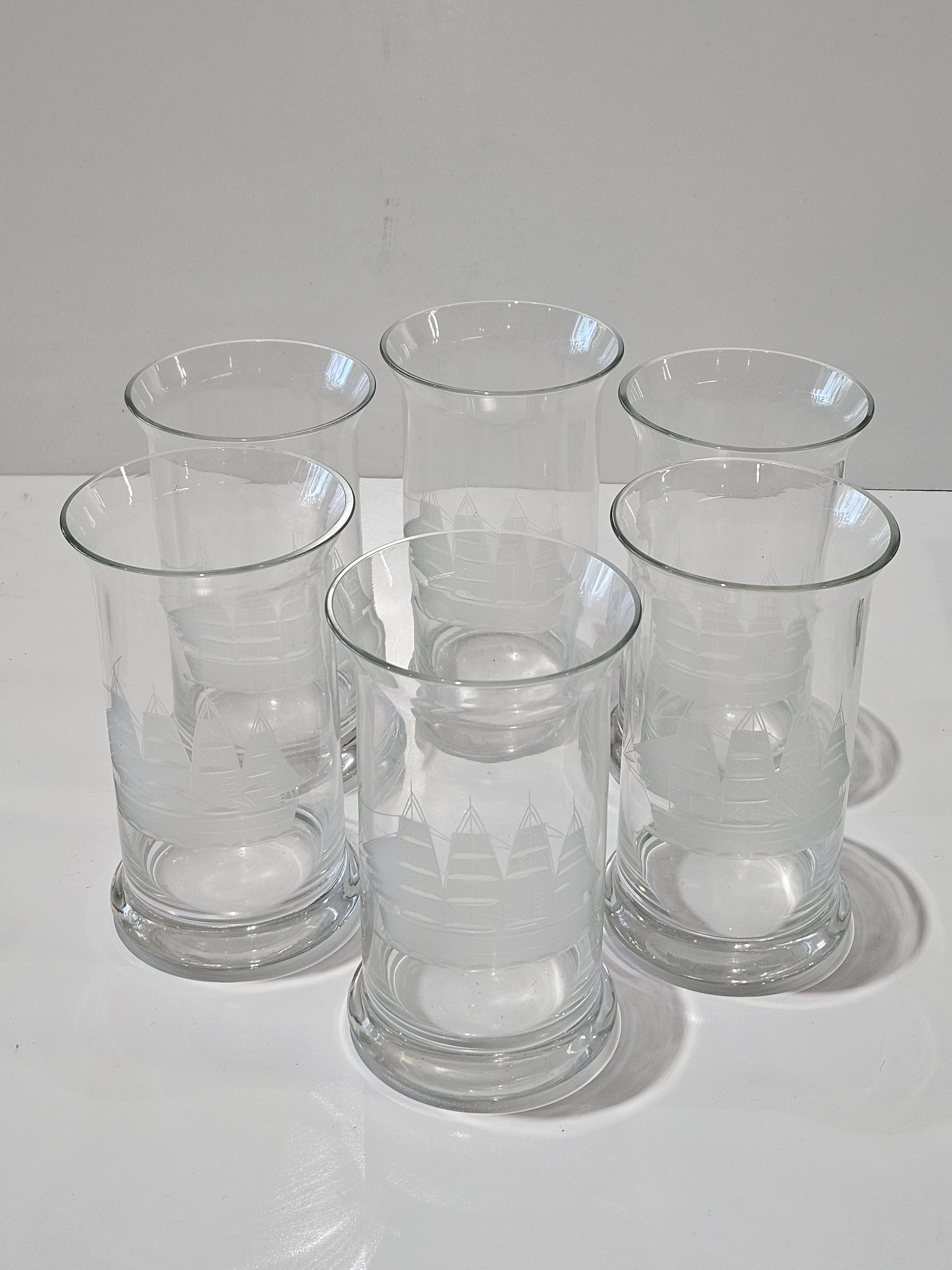 Vintage Set Of 6 Etched Tall Ship Highball Glasses Nautical Barware Tumblers