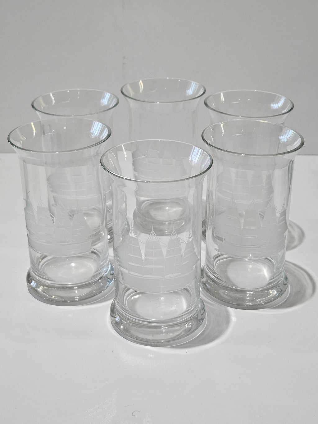 Vintage Set Of 6 Etched Tall Ship Highball Glasses Nautical Barware Tumblers