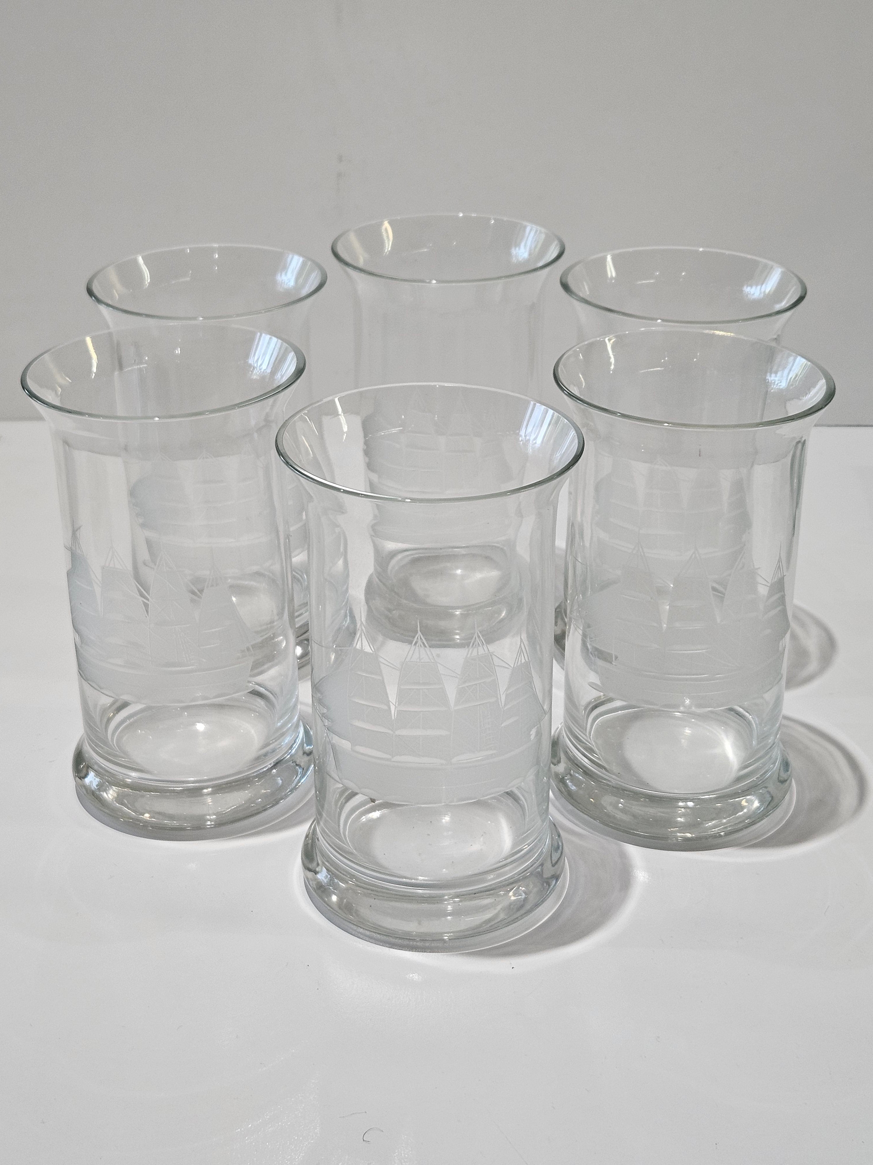 Vintage Set Of 6 Etched Tall Ship Highball Glasses Nautical Barware Tumblers