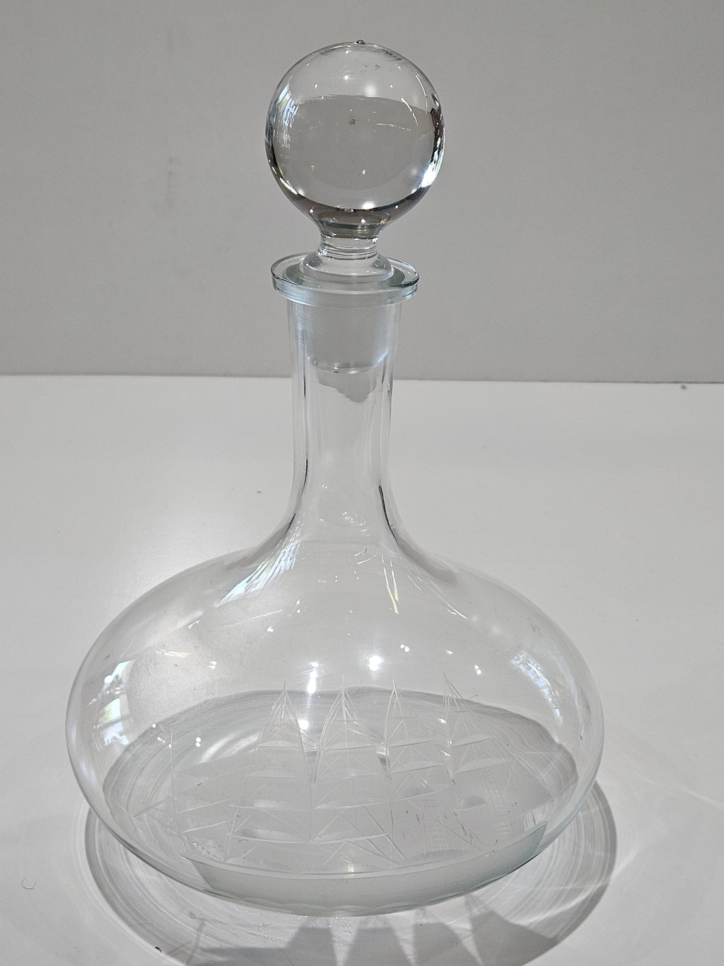 Vintage Etched Sailing Ship Glass Decanter Maritime Nautical Barware Display