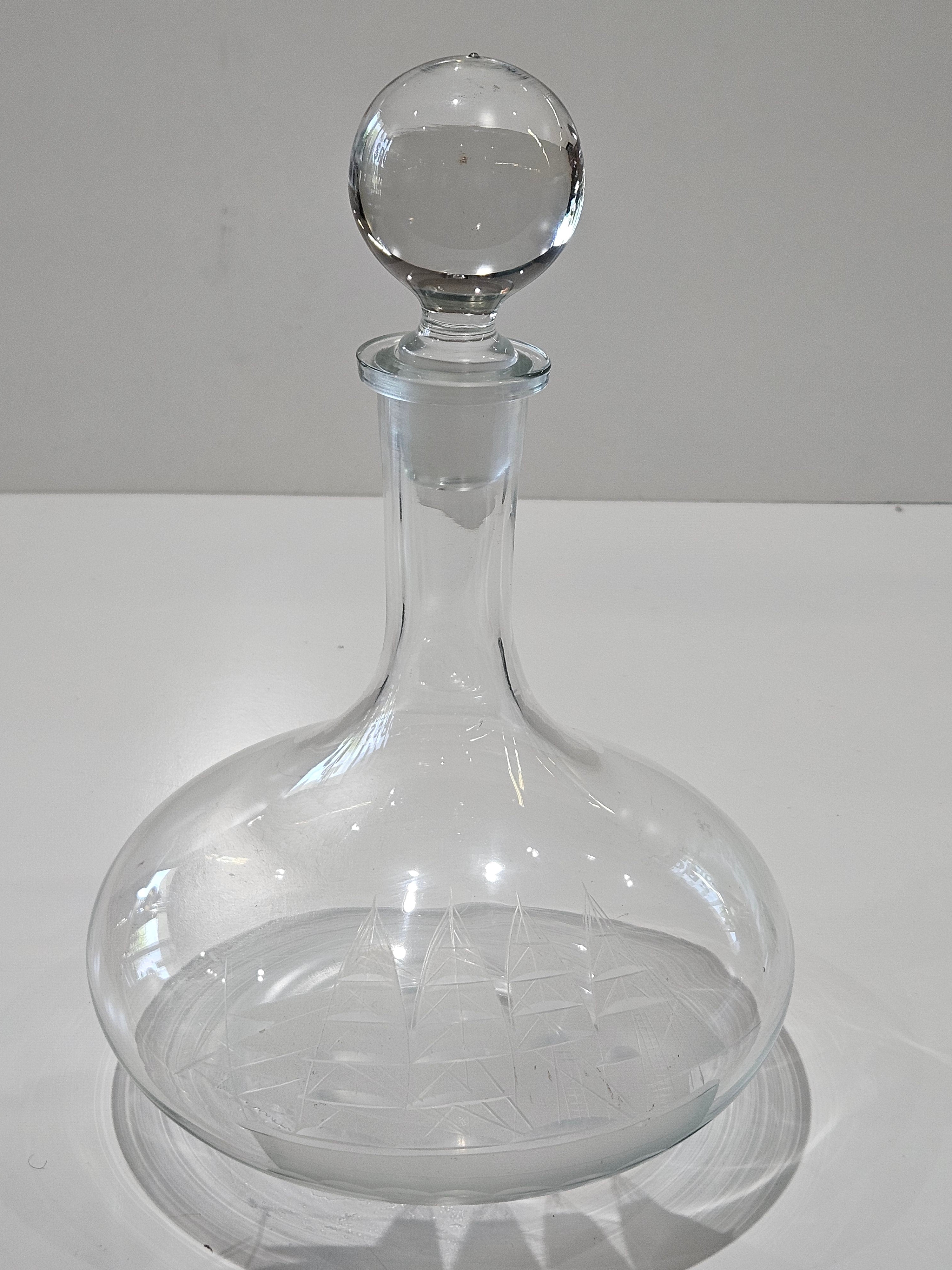 Vintage Etched Sailing Ship Glass Decanter Maritime Nautical Barware Display