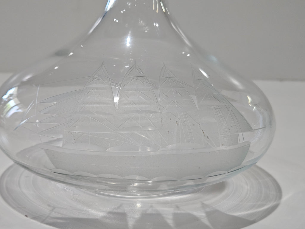 Vintage Etched Sailing Ship Glass Decanter Maritime Nautical Barware Display