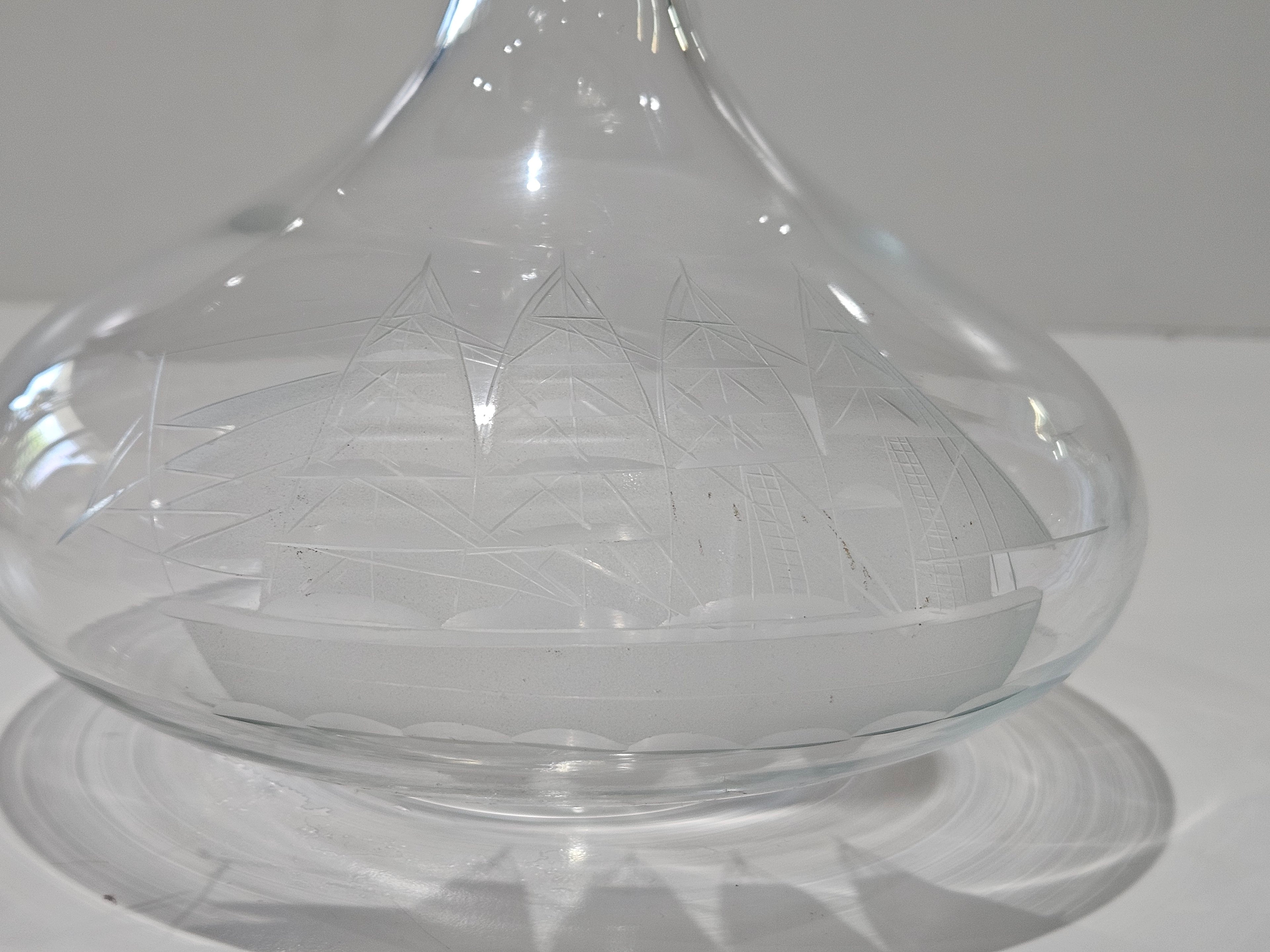 Vintage Etched Sailing Ship Glass Decanter Maritime Nautical Barware Display