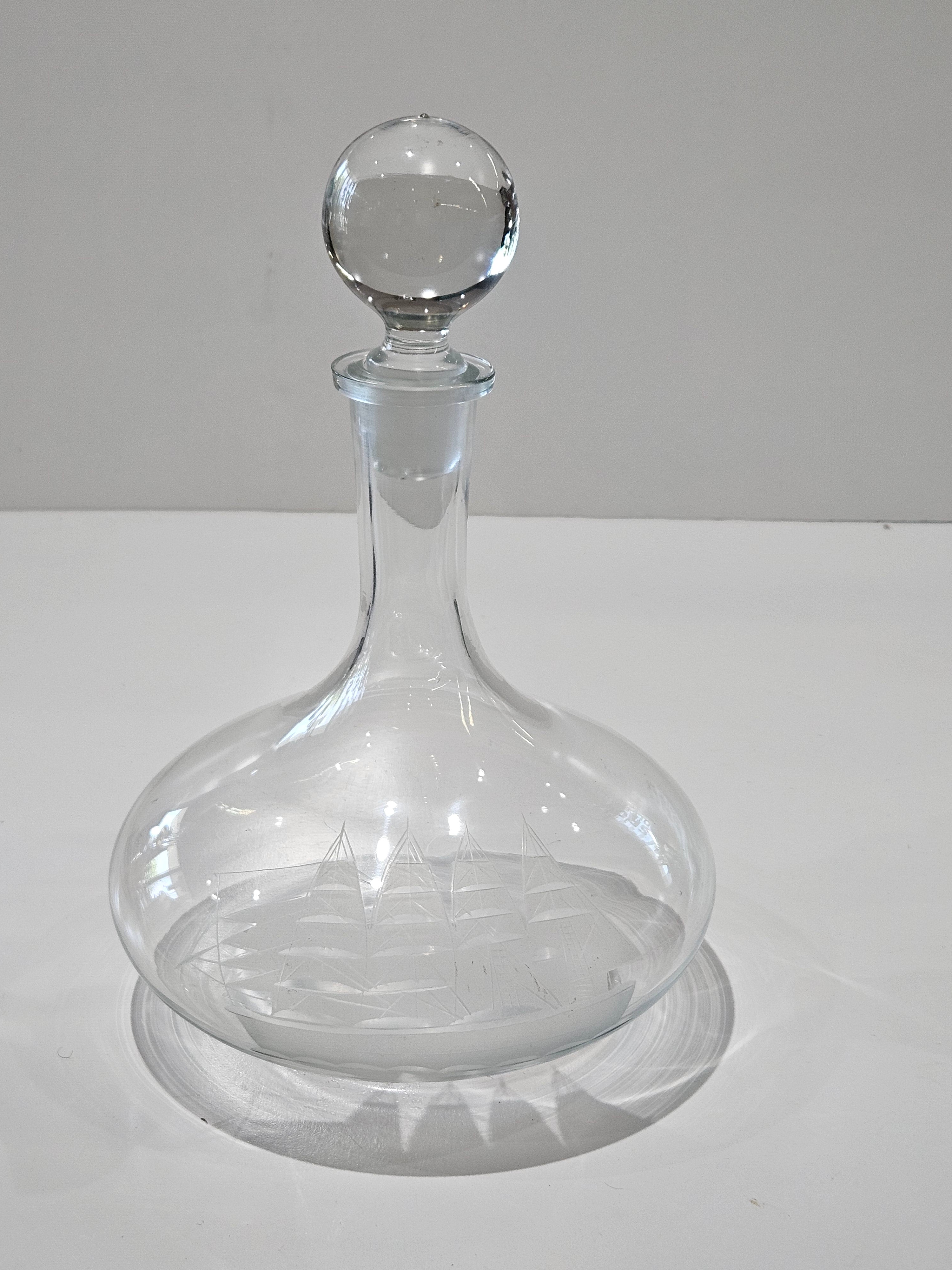 Vintage Etched Sailing Ship Glass Decanter Maritime Nautical Barware Display