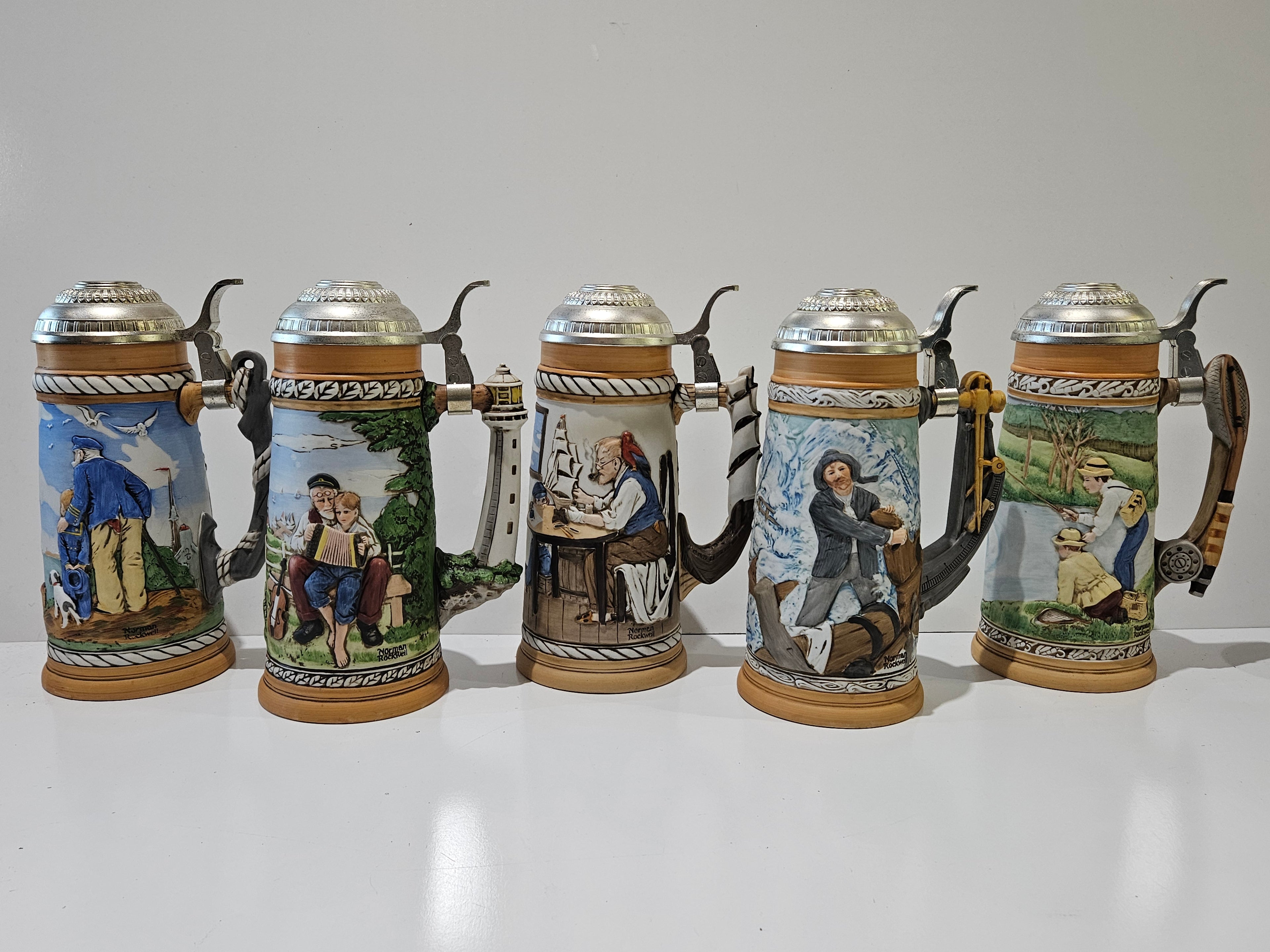 Vintage Norman Rockwell Collector Beer Stein Mug Lot Fishing Lighthouse Tavern