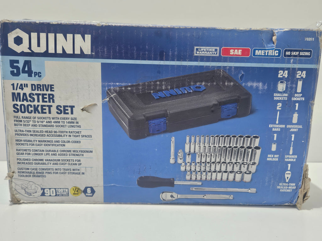 QUINN 54Pc 1/4 Drive Master Socket Set SAE Metric Ratchet Tool Kit Case
