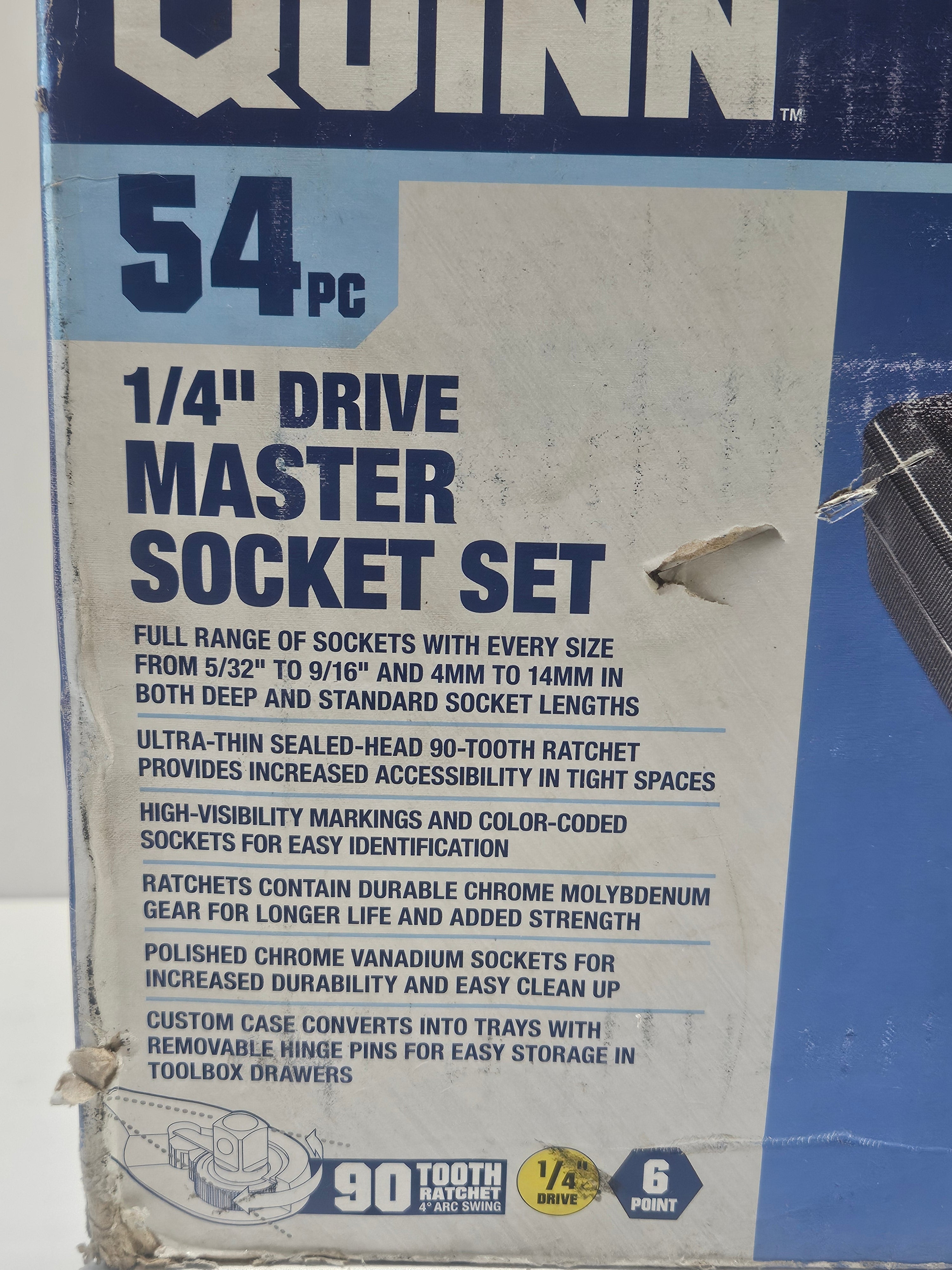 QUINN 54Pc 1/4 Drive Master Socket Set SAE Metric Ratchet Tool Kit Case