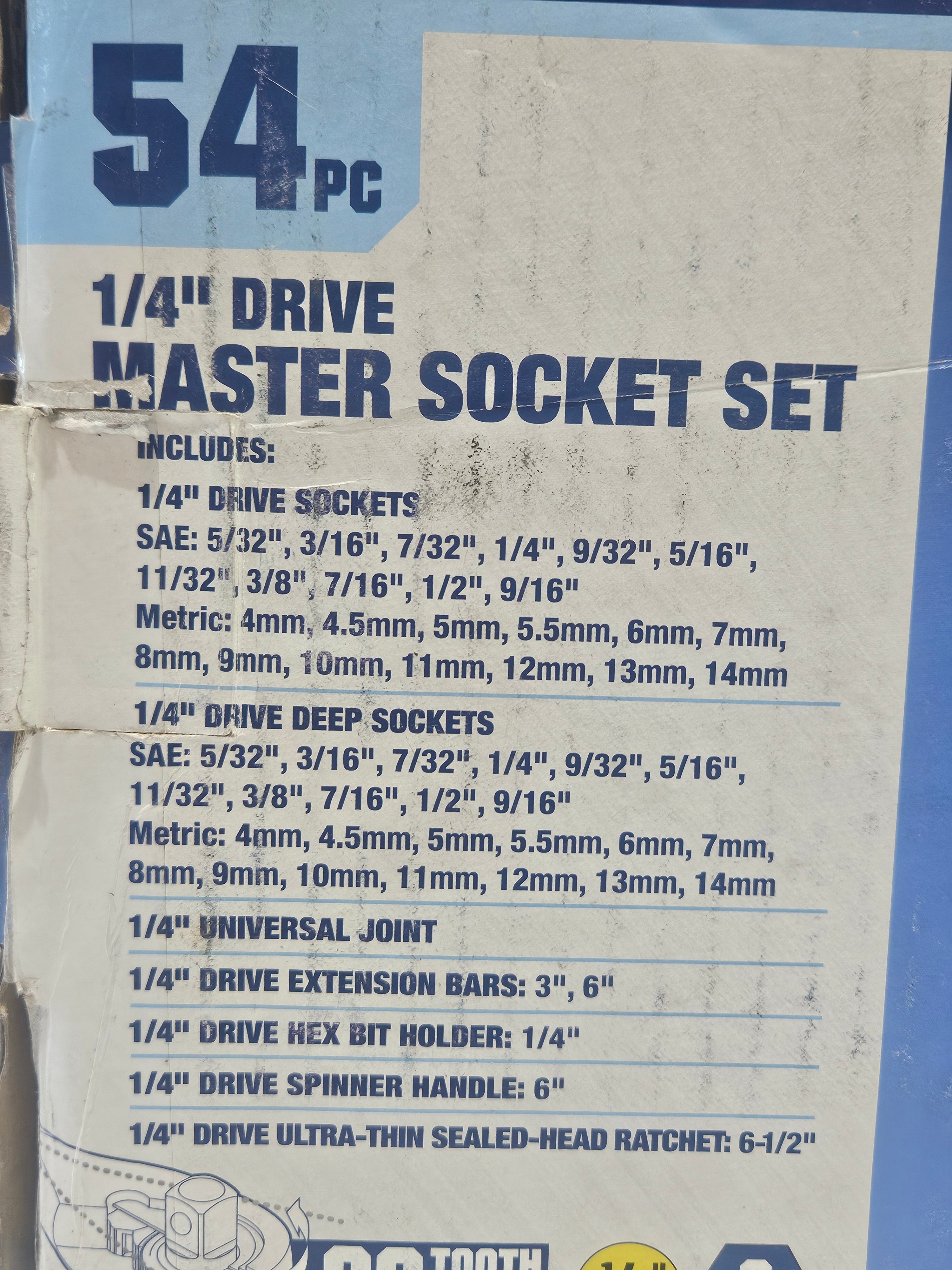 QUINN 54Pc 1/4 Drive Master Socket Set SAE Metric Ratchet Tool Kit Case