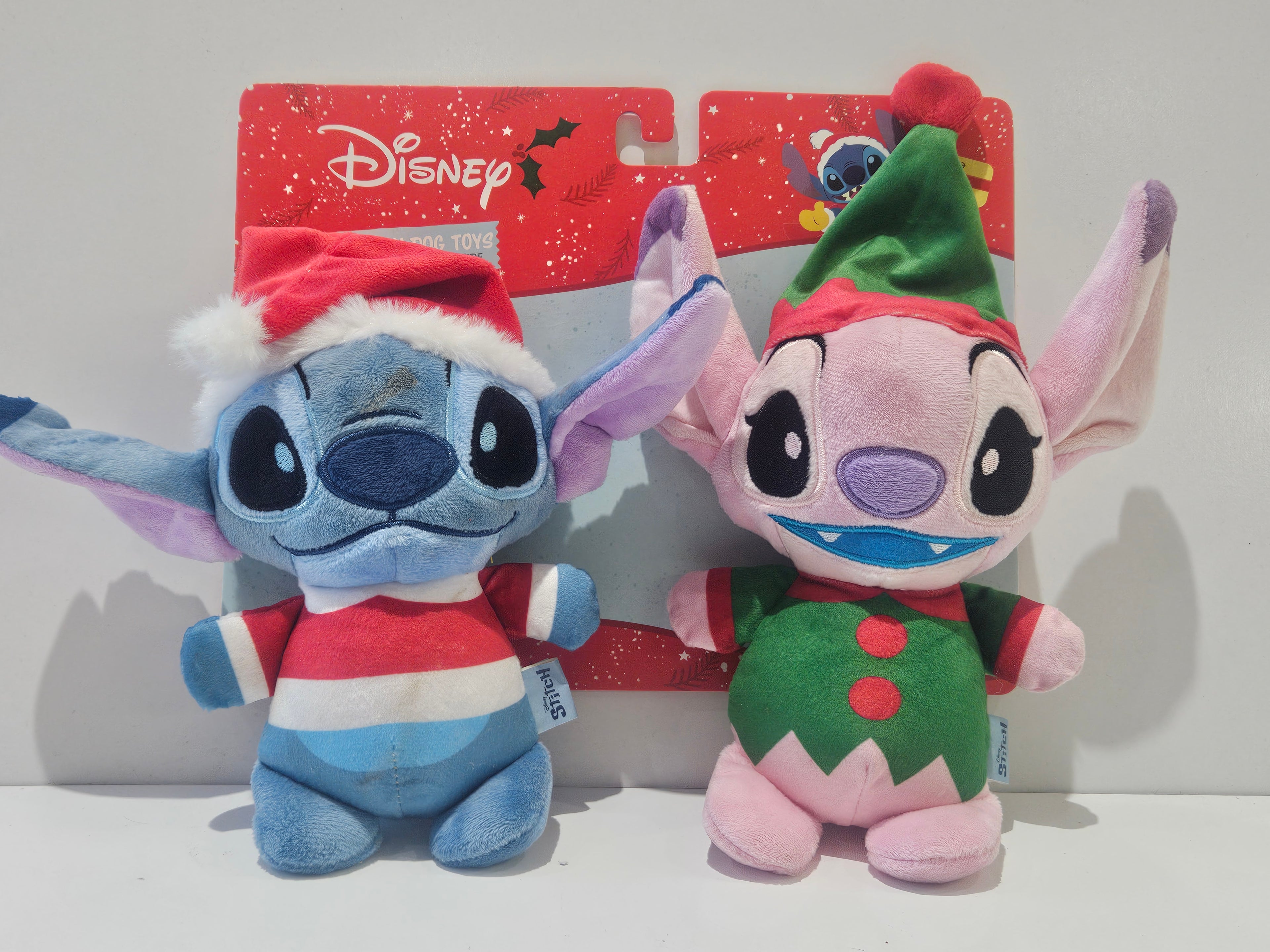 Disney Stitch Angel Christmas Holiday Dog Toys Plush Squeaker 2 Pack Set