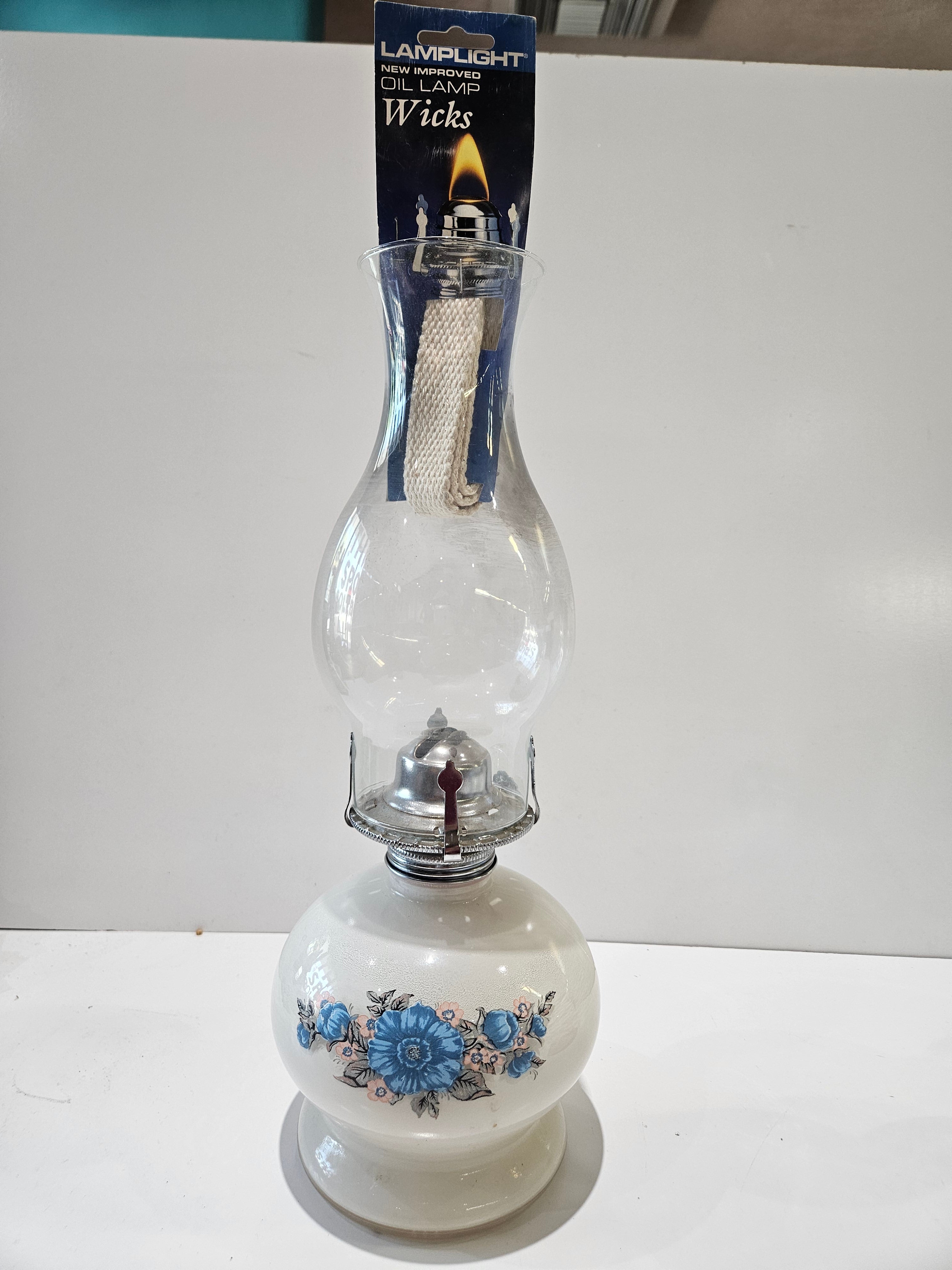 Vintage Floral Milk Glass Oil Lamp Hurricane Lantern Blue Flower Decor Lamp