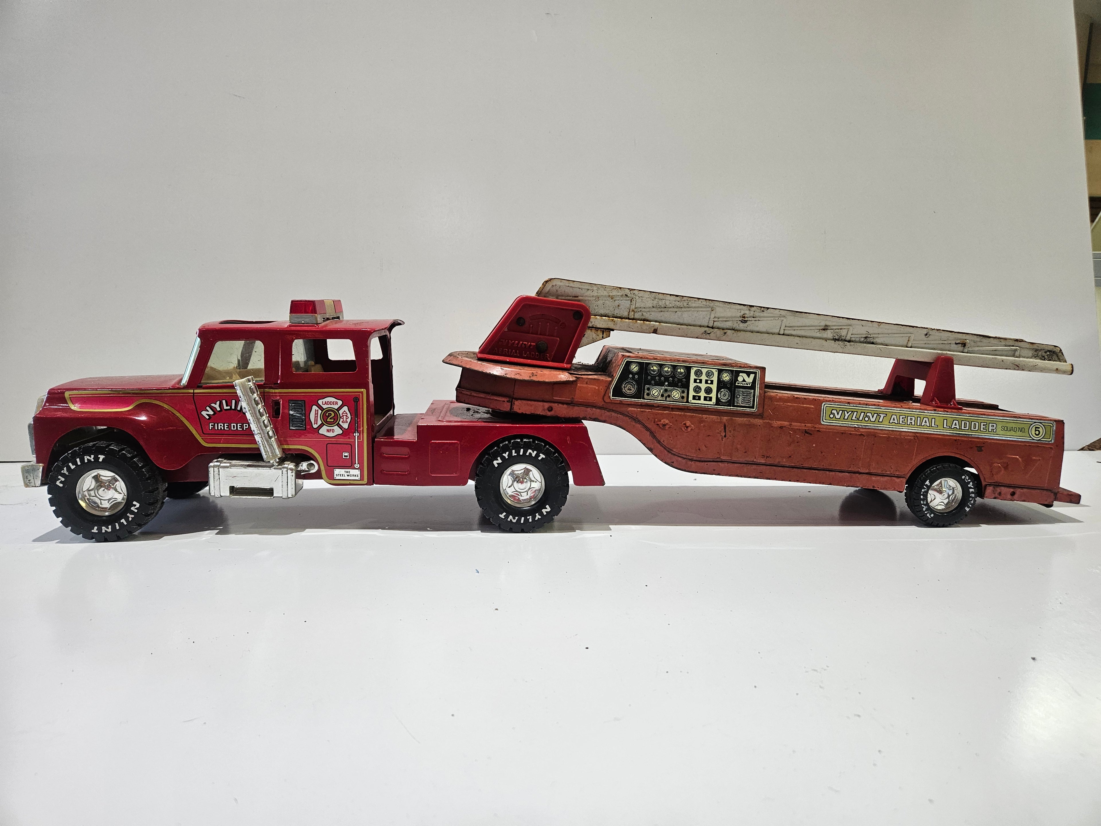 Vintage Nylint Fire Department Aerial Ladder Truck Pressed Steel Toy Semi Rig