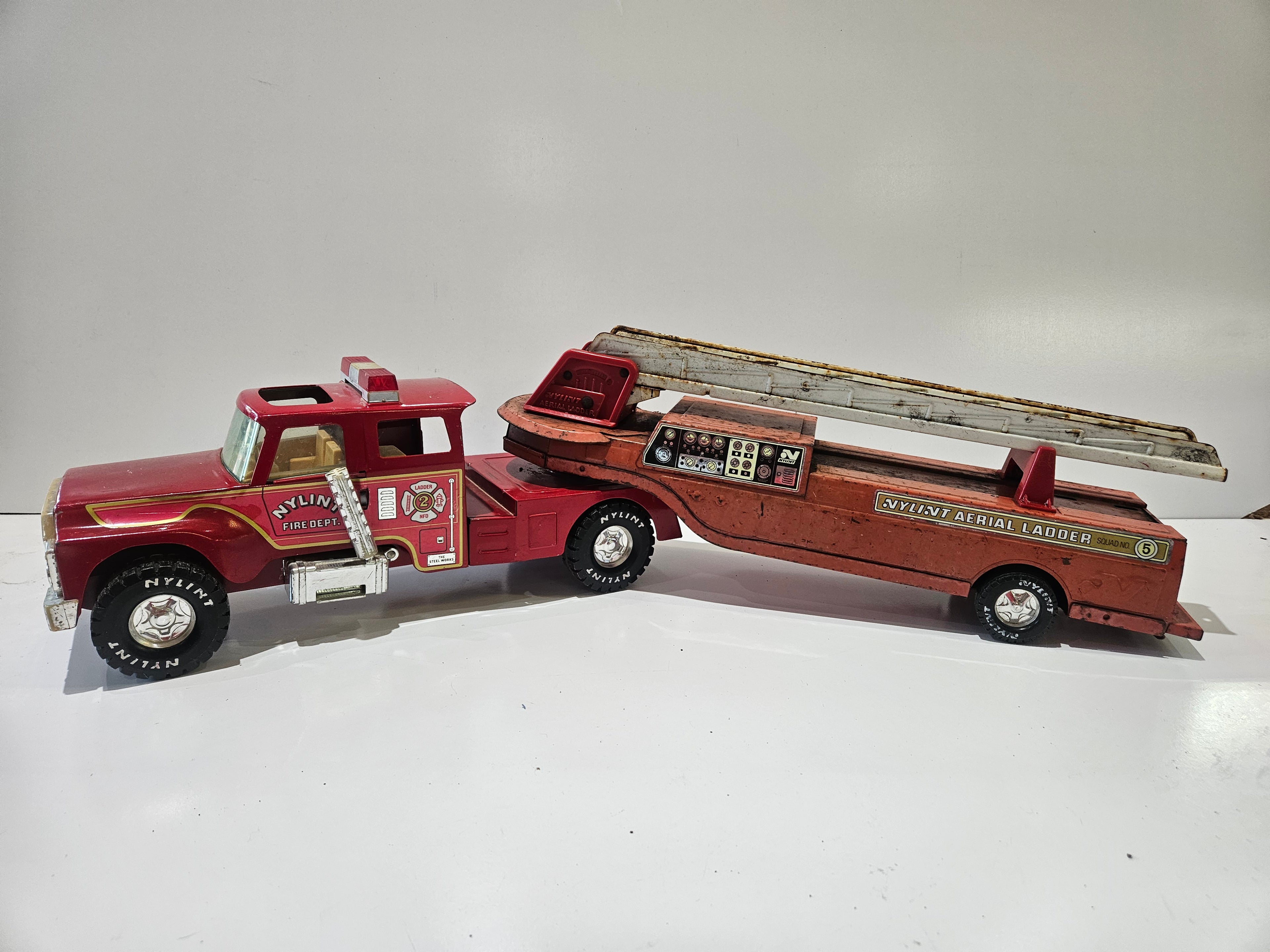 Vintage Nylint Fire Department Aerial Ladder Truck Pressed Steel Toy Semi Rig