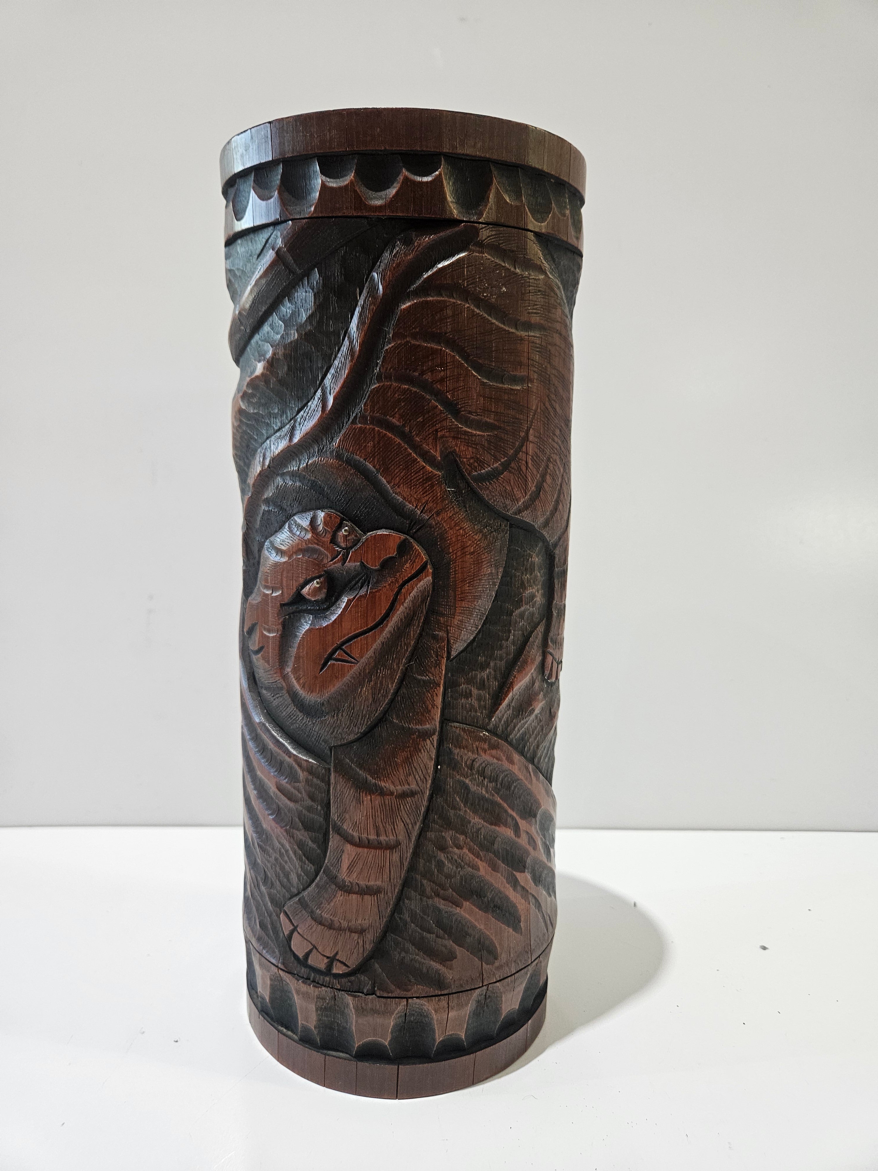 Vintage Hand Carved Wooden Eagle Vase Rustic Folk Art Decorative Wood Vessel