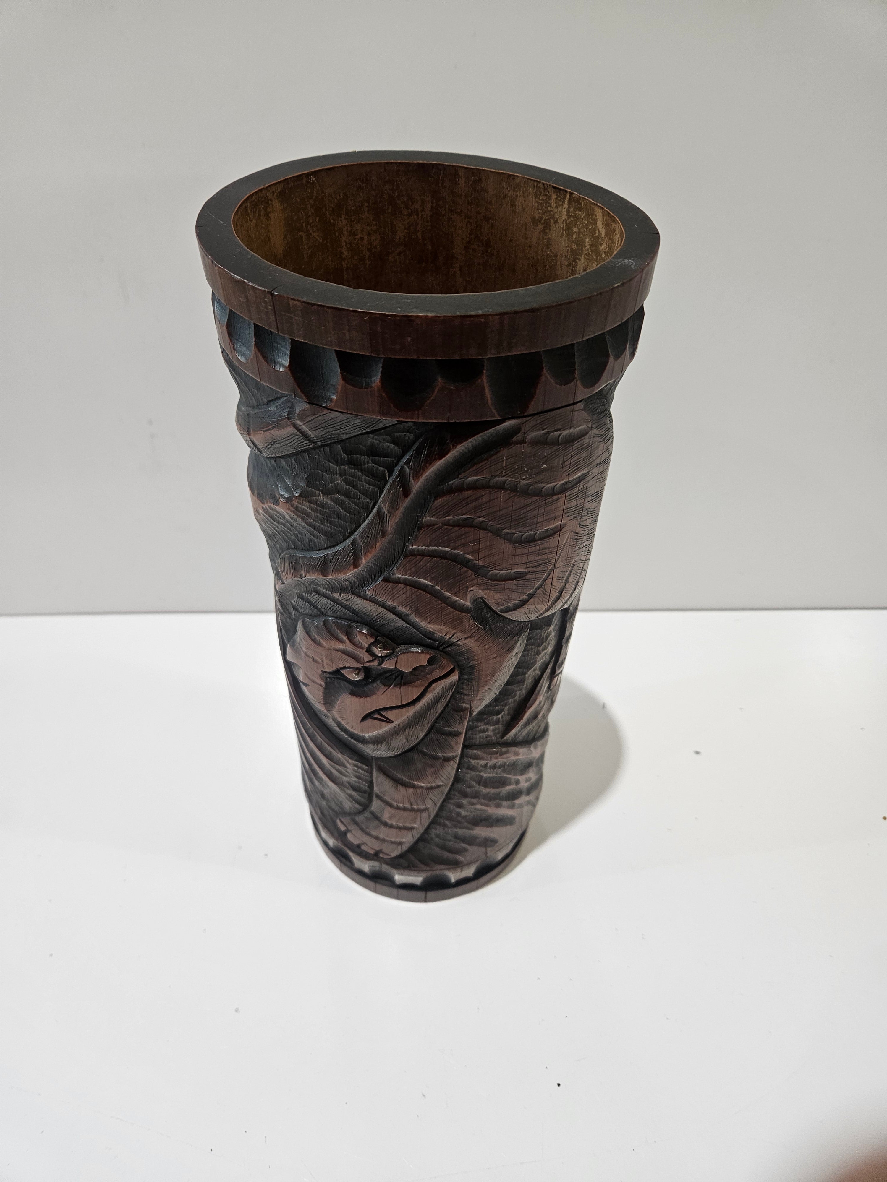 Vintage Hand Carved Wooden Eagle Vase Rustic Folk Art Decorative Wood Vessel