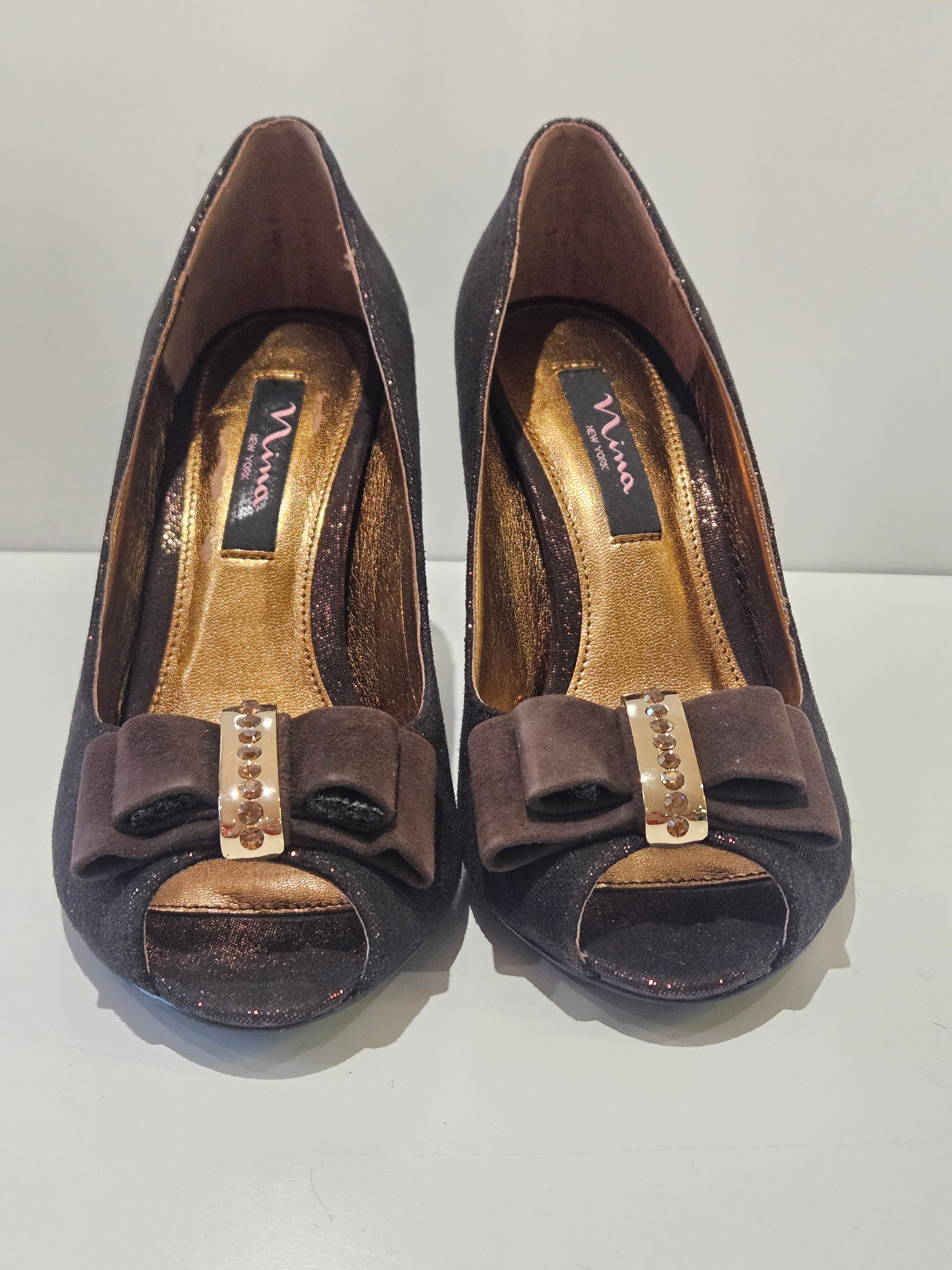 Nina New York Womens Size 8.5 Brown Metallic Peep Toe Heels Bow Rhinestone